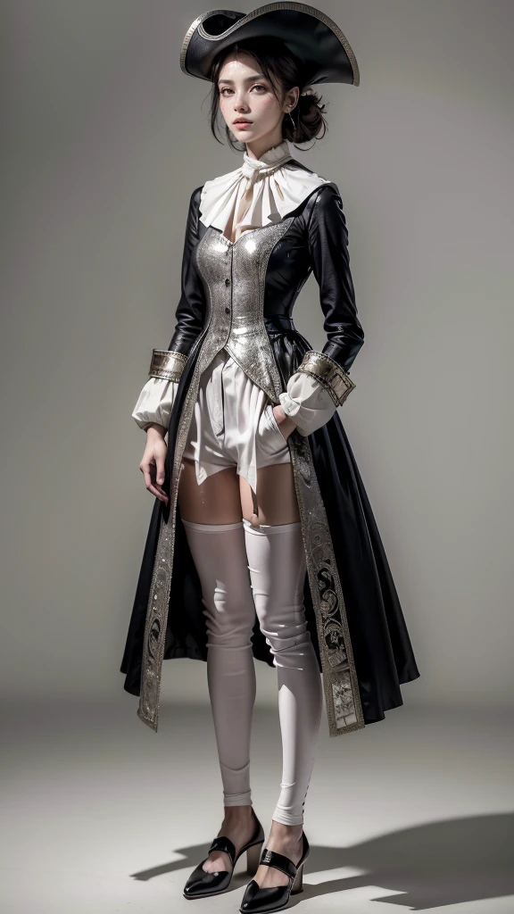 a 1. tall 5-meter girl in her 20s wearing :  wide knee-length pants , white hoses ,  a wide juxtacorps above a vest ,  a white jabot ,  black shoes with a silver buckle with wedges and a ribbon on the top,  a curly black wig and a tricorn ,body proportions, (Chapped lips:1.4), (blush de nariz:1.2), foreshortening, black cuts, (eye contact), High contrast, ultra high resolution, high resolution, detailed, Clean face,  ( sexy face :1.5), (big purple eyes:1.2), ( ultra detailed eyes :1.4), ( High-resolution eyes :1.1), ( ultra detailed skin texture:1.4), PERSEPHONE, Persephone, Persephone