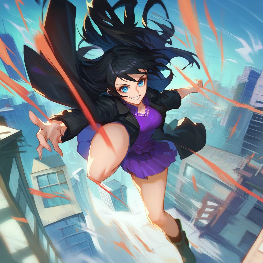 eluuntil, Gelu , until, girl,  long hair ,  black hair , blue eyes, skirt, black jacket,  purple blouse , city streets,  hair flowing in the wind,  dynamic pose , score_9,score_8_above,score_7_above,score_6_above,score_5_above, smile, , daylight