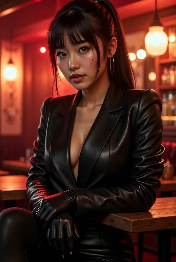 Enigmatic young woman with exaggerated, luscious lips, perched gracefully on an antique pub stool in an upscale, lively London pub, adorned in a jet black, crushed leather blazer, tightly fitting leather gloves enveloping her arms, her sleek ponytail adorned with soft bangs falls delicately over her shoulder, allure augmented by gentle, ambient, dim red lighting, bathes her youthful count.,wong-chan-flux