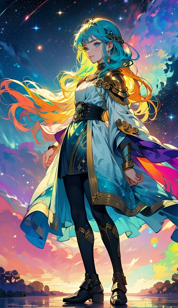 a girl with rainbow colored hair and detailed teal dress armor, standing, rainbow colored cosmic nebula background, stars, galaxies, intricate details, perfect face