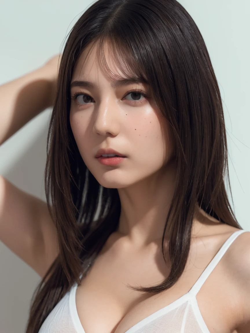 (best quality:1.4), (ultra highres:1.2), (photorealistic:1.4),(portrait shot:1.3), bmangpor, 1girl, solo, long hair, brown hair, white smooth armpits, black bra, big breast,
