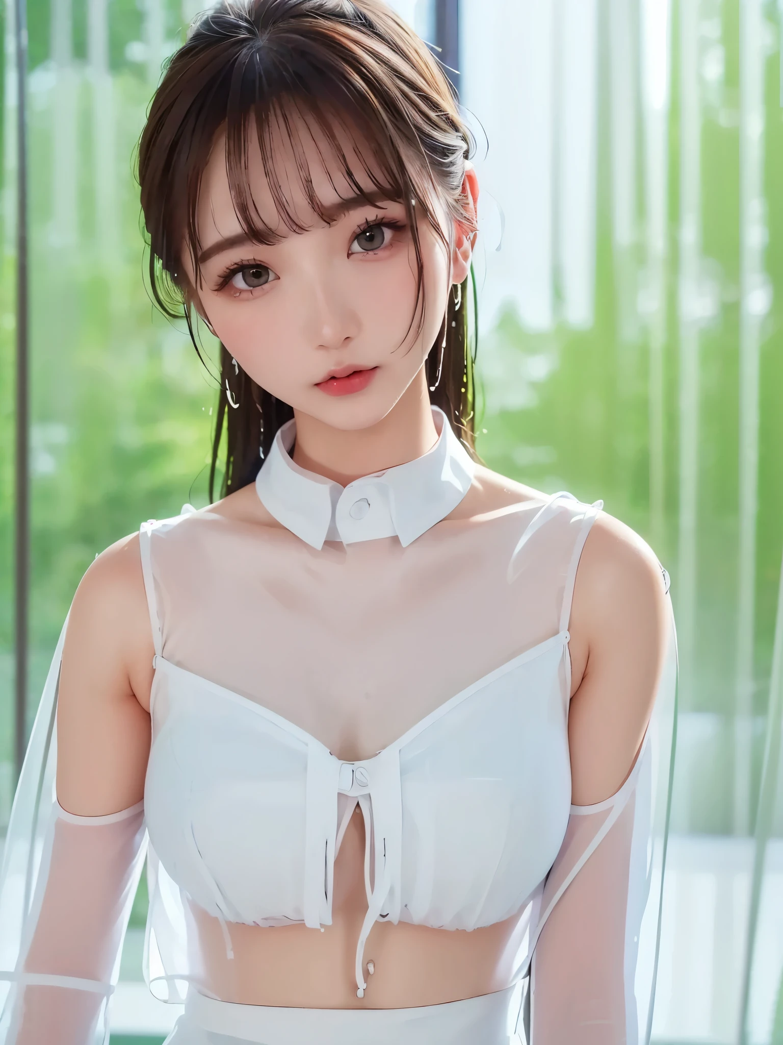  1 girl, ( wonderful:1.2), (( White Transparent Shirt:1.2)), RAW photo, ( photorealistic :1.37, Realistic),  Watch Viewer , (( Straight from the front))), ( high qualityスキン: 1.8),  8K HD Streaming,  SOFT LIGHTING,  high quality, (( upper body: 1.6) ), ( Pro Writing : 1.6), (  wet body, Wet clothes),  Highlighting Cleavage ,