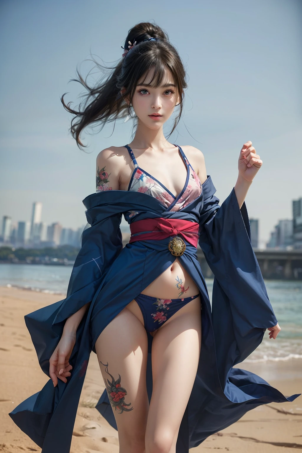 Beautiful girl,Japanese idol,(wearing cute kimono: 1.3),short length, (bangs: 1.2), (coloring),(kunoichi ninnjya fighter in fighting position),(tattoos all over body, 20% of body covered in Japanese tattoos: 1.4),masterpiece, perfect lighting, ultra high resolution, 32K, (highly detailed: 1.4), From the front, looking at the camera, melancholy expression,(Tokyo city, many people in the background),Too beautiful sniper,A beautiful assassin,A kimono combat uniform with a plain pattern and mainly indigo blue,A decisive battle between the two armies across the river,A plain kimono with a plain pattern, a battle costume,(Flat Chest),A beautiful girl,Sparkling Eyes,Photo quality,((Slim figure)),((Small waist)),((Thin legs)),(((Flat Chest))),A beautiful girl of unparalleled beauty,((Flat Chest)),(((Small waist))),High resolution, masterpiece, accurate, Anatomically correct,最high quality, detail, High-resolution model, high quality, Very detailed, Ultra high definition, Textured skin, Sony FE GM, Aperture F16, Focus: 85mm, Cinematic light effects, realism, Portrait Photography, Super detailedな, Super detailed, Cinematography, masterpiece, ((Very small breasts)),(Very beautiful bust shape),A beautiful girl of unparalleled beauty,Attractive clothing and underwear,A seductive smile,Long Hair, Hair blowing in the wind,The belly button and the surrounding area are exposed,Look at, Open your mouth a little, Cowboy Shot, (Very small hips),(Very thin buttocks),Normal length arms and legs,Not too long arms and legs,