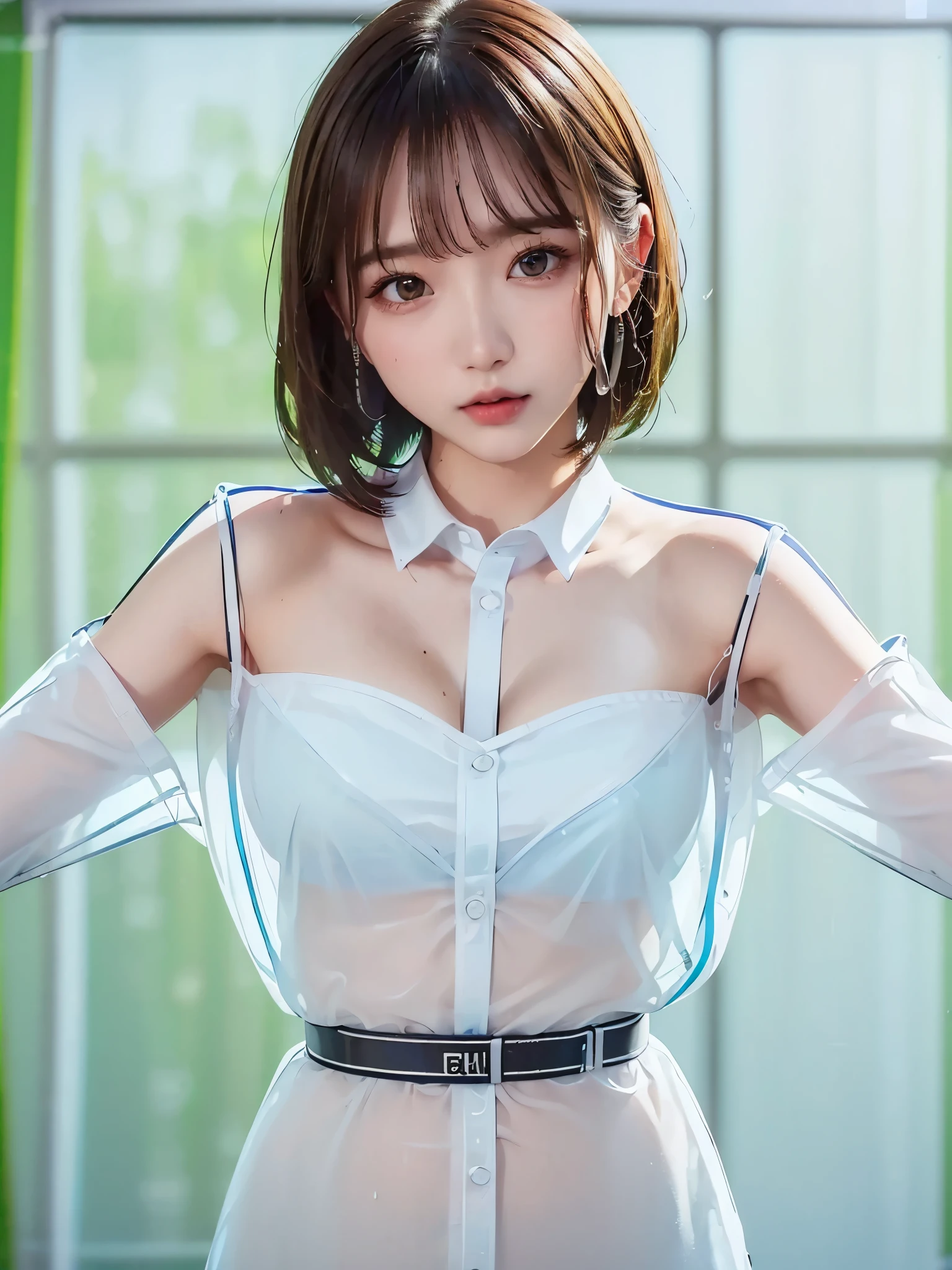  1 girl, ( wonderful:1.2), (( White Transparent Shirt:1.2)), RAW photo, ( photorealistic :1.37, Realistic),  Watch Viewer , (( Straight from the front))), ( high qualityスキン: 1.8),  8K HD Streaming,  SOFT LIGHTING,  high quality, (( upper body: 1.6) ), ( Pro Writing : 1.6), (  wet body, Wet clothes),  Highlighting Cleavage ,