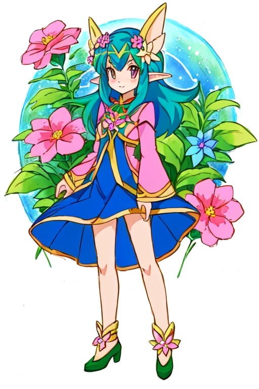 drawing of a cartoon character with flowers and a flower in her hair, elf girl wearing an flower suit, space flower fairy, glamorous angewoman digimon, pixie character, full color drawing, magical garden plant creatures, colored drawing, humanoid flora, traditional art, official art, s fantasy drawing, alebrijes aesthetic, high quality colored sketch, yami kawaii female creature plant flower pokemon 90s anime style