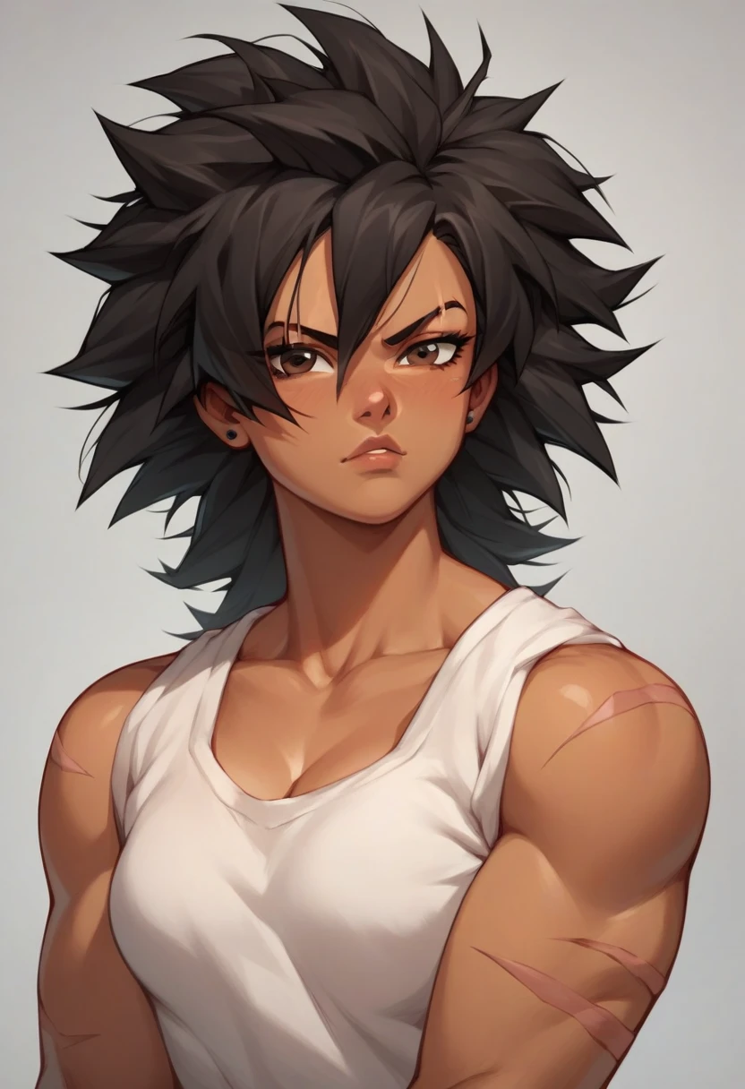 muscular, female, brown eyes, brown black hair, messy hair, scars, Tan skin, 1girl, solo, broly, saiyan, facing foward, slight glare