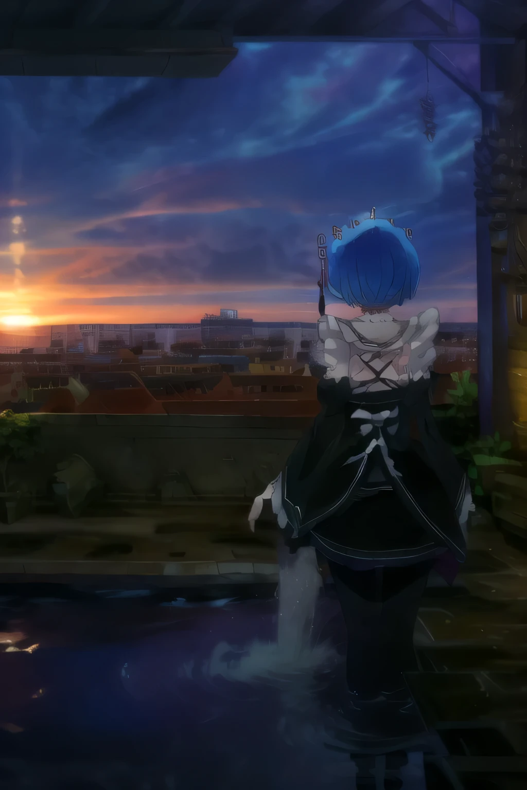   Beautiful image  ,,   Rem Watching a Drop  ,   of Water Fall Slowly, of a roof  ,   With the sunrise ,   and birds in the background  , unfocused,,