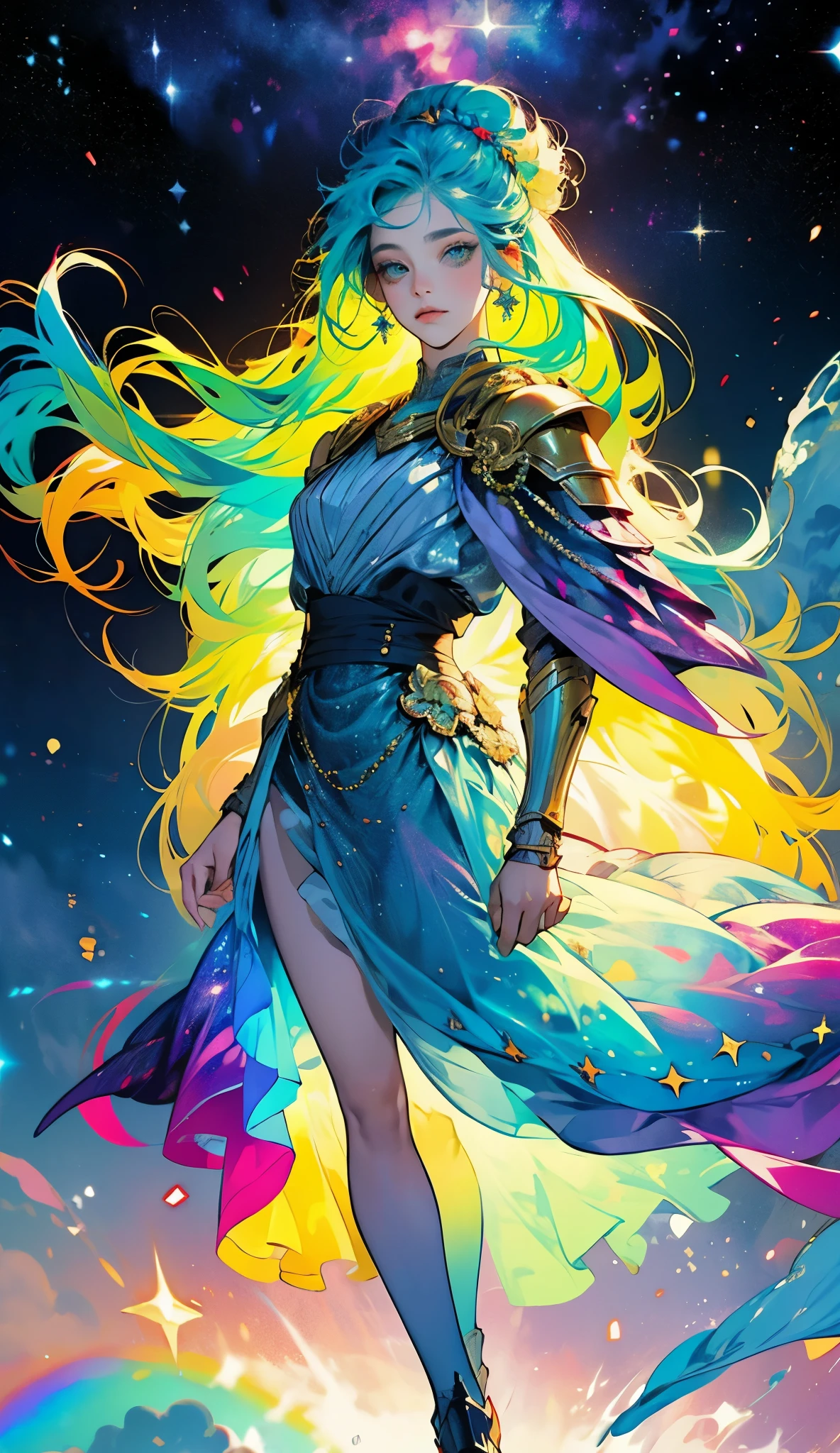 a girl with rainbow colored hair and detailed teal dress armor, standing, rainbow colored cosmic nebula background, stars, galaxies, intricate details, perfect face