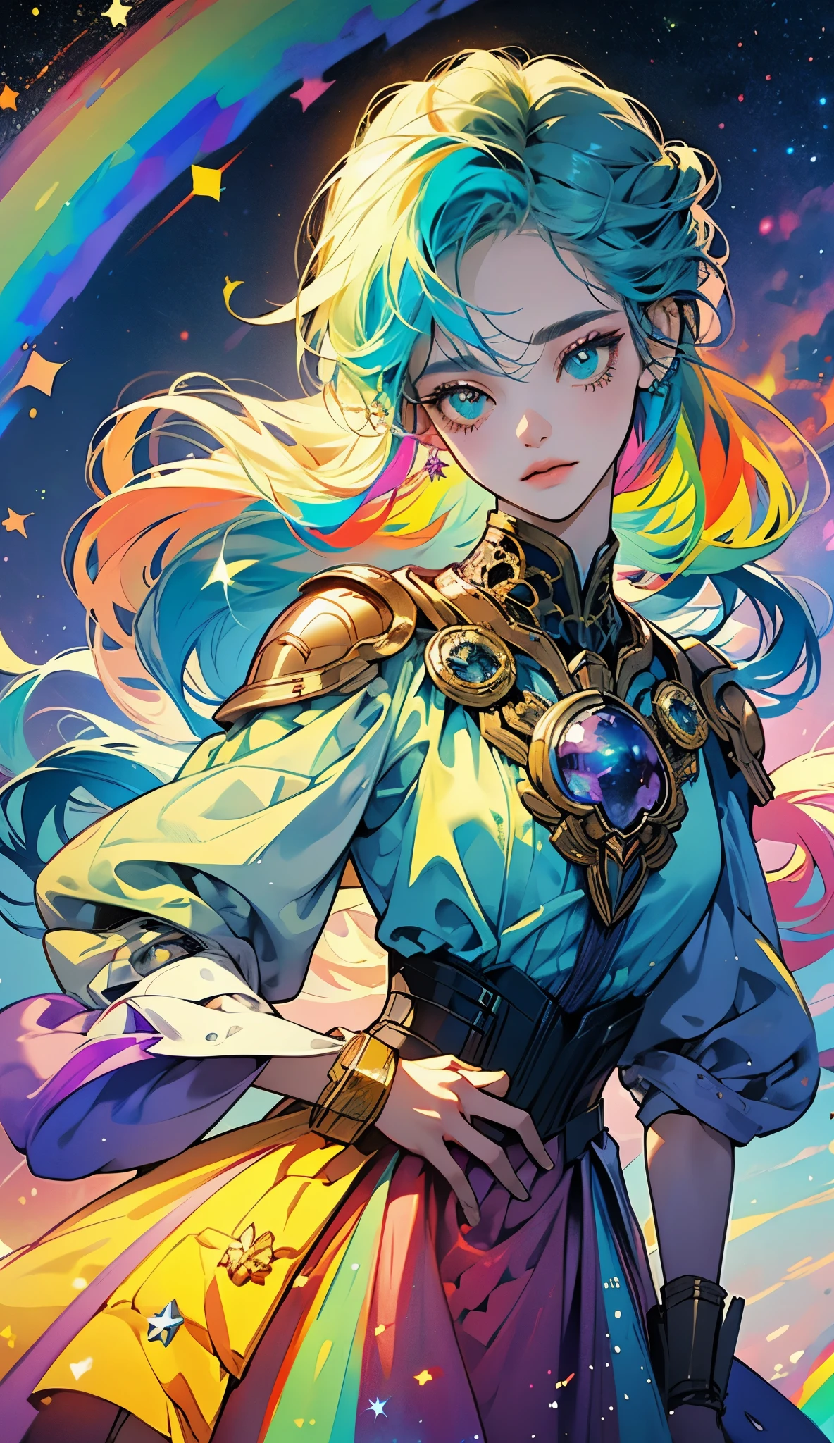 a girl with rainbow colored hair and detailed teal dress armor, standing, rainbow colored cosmic nebula background, stars, galaxies, intricate details, perfect face