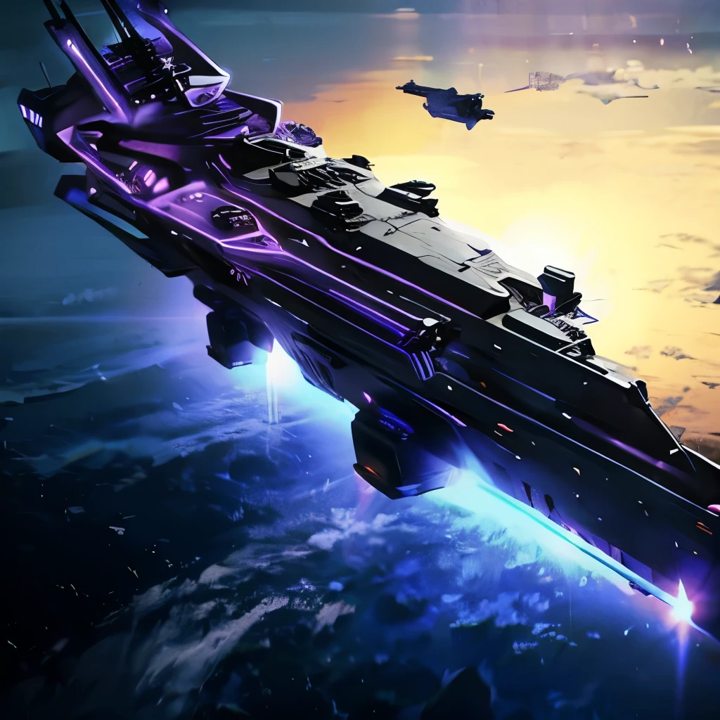 Battleship、black、 purple line 、 coming this way、linear structure 、