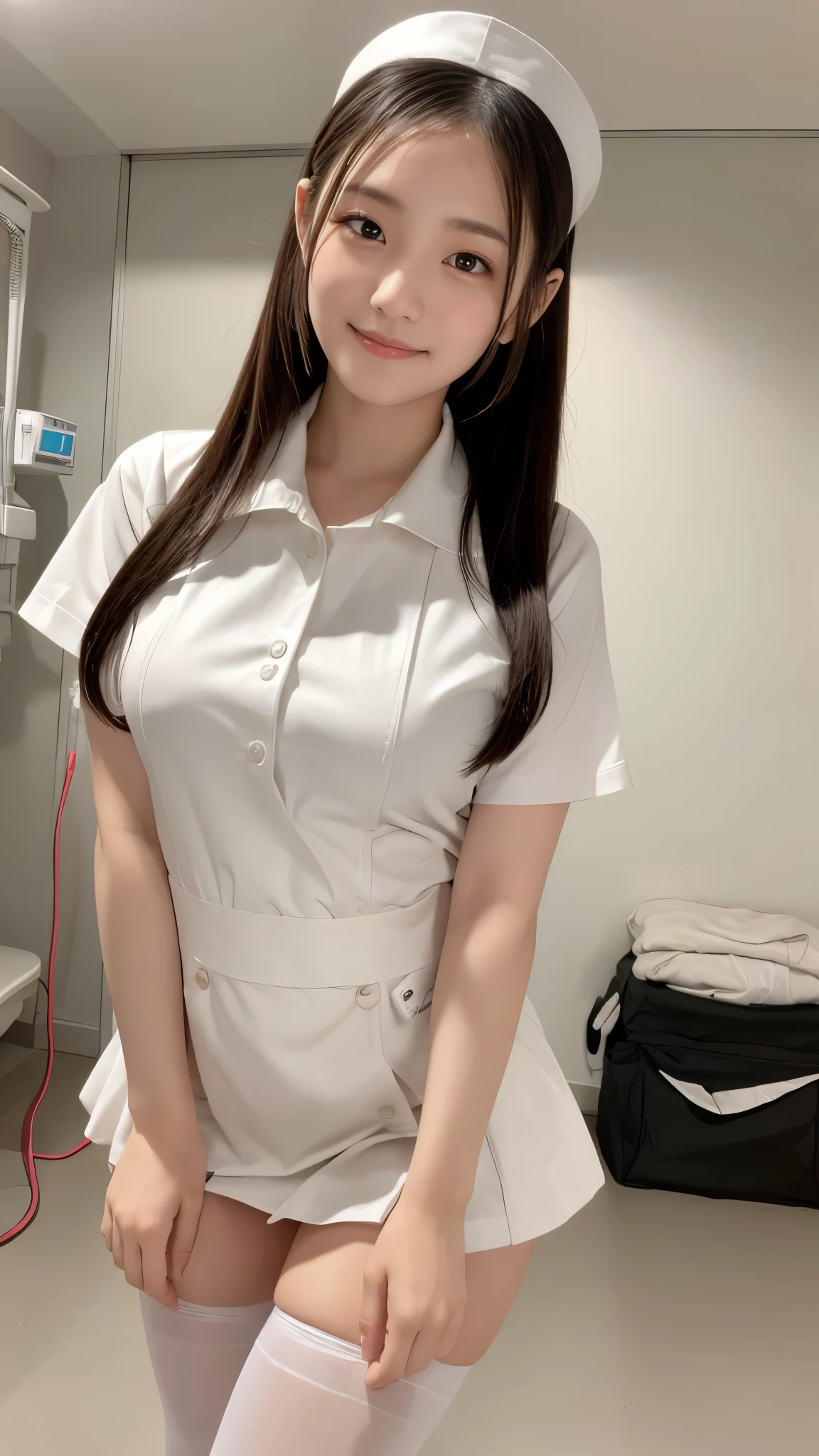 ( 1 girl)、(Japanese beautiful girl), 18 years old, Round face, Refresh, Clear, kind,  stylish , Pathetic, Cute like an angel, Cute small face,  black eyes , ( almond-shaped eyes ), ( slender body lines ), (Small beautiful breasts:1.2), (Very cute), ( beautiful dark hair ), (( Cute Two Side Up Hairstyle)), (Captivating eyes), ( eye highlights:1.2), (8k, Live Shooting, Best Quality, masterpiece:1.2, Optimal lighting), ((masterpiece)), ( photo taken by a professional photographer),( (Genuine, photo Genuine:1.4), break, {(White nurse outfit), (((Traditional Nurse Uniform))), (Nurse in white coat and mini skirt), ((white pantyhose)), ( clevis:1.2)}, (Mischievous smile), (Red cheeks:1.2), break, hospital, Face shot:1.3, hospital waiting room, (I'm staring at the viewer ),  face,  Dynamic Angle,  lean forward, 