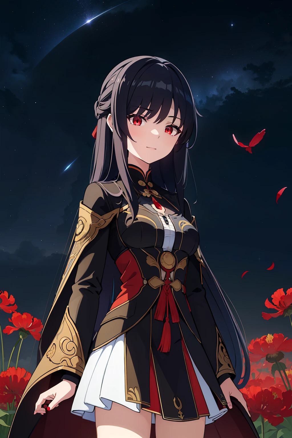 (high-quality, breathtaking),(expressive eyes, perfect face) portrait, 1girl, Symmetrical Eyes, adult age, black hair, red eyes, black and red trim dress, long cloak, knee high socks, small boots, medium full shot, cowboy shot, red spider lily, long hair, stylized hairstyle, black background, starry sky, blue lighting, moon background, green field, field of red flowers, nebula sky, jing liu, ren\(character\), positive expression, charming smile, beautiful figure, large breasts
