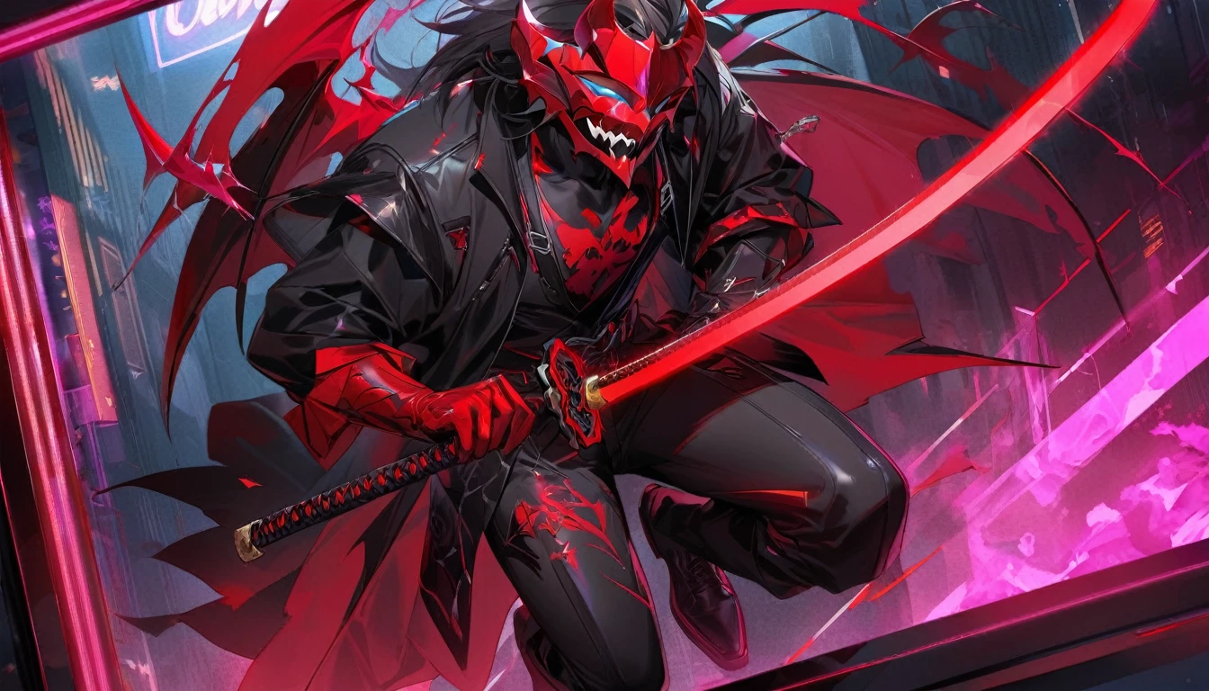 ” a male character wearing a black and red mask with a drawing of demon fangs,   engraved with the name     "  Ketzuki Jarewor's clothes    ",   full body  ,  Drawing of a black and red mask with demon fangs   ,    In one hand he holds a neon katana    ,cyberpunk theme,l2v    ,    Extremely detailed image ,neon light,    masterpiece    ,   High level of detail,eyes, la mejor calidad