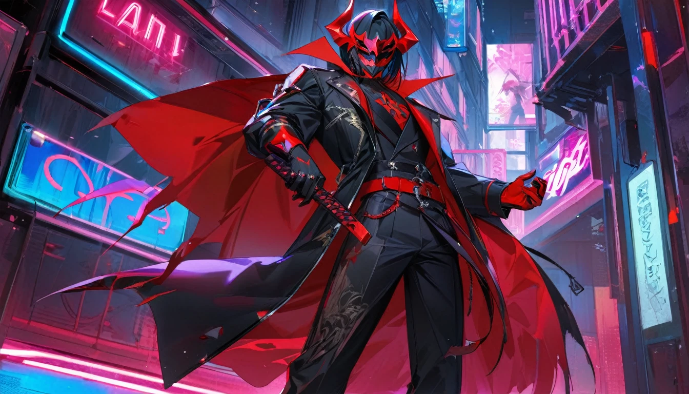 ” a male character wearing a black and red mask with a drawing of demon fangs,   engraved with the name     "  Ketzuki Jarewor's clothes    ",   full body  ,  Drawing of a black and red mask with demon fangs   ,    In one hand he holds a neon katana    ,cyberpunk theme,l2v    ,    Extremely detailed image ,neon light,    masterpiece    ,   High level of detail,eyes, la mejor calidad