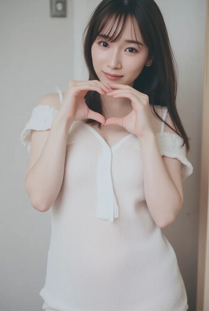 off-the-shoulder pajamas ,  in front of your chest and make a big heart shape with both hands,  Wearing、 I'm holding it in front of my chest, Looking above my collarbone 、Raise your throat for a cute smile 、Monotone background

