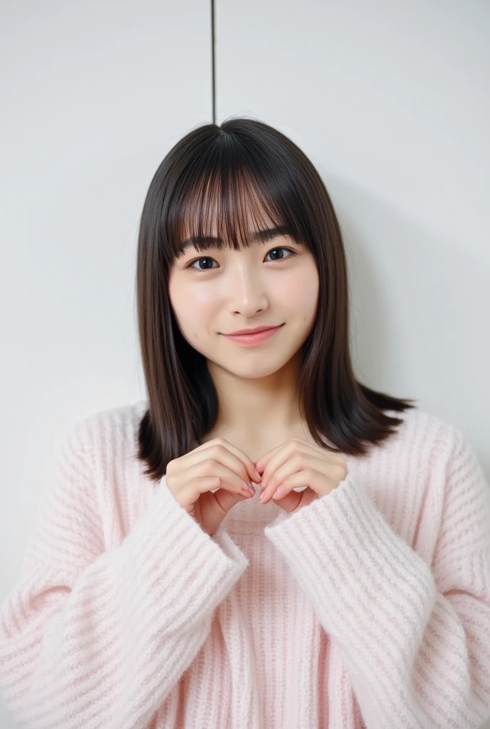  posing in off-the-shoulder pajamas、 cute smile in front of her chest ,  in front of your chest and make a big heart shape with both hands, There's one woman with a , Looking above my collarbone 、 The background is a monotone   

