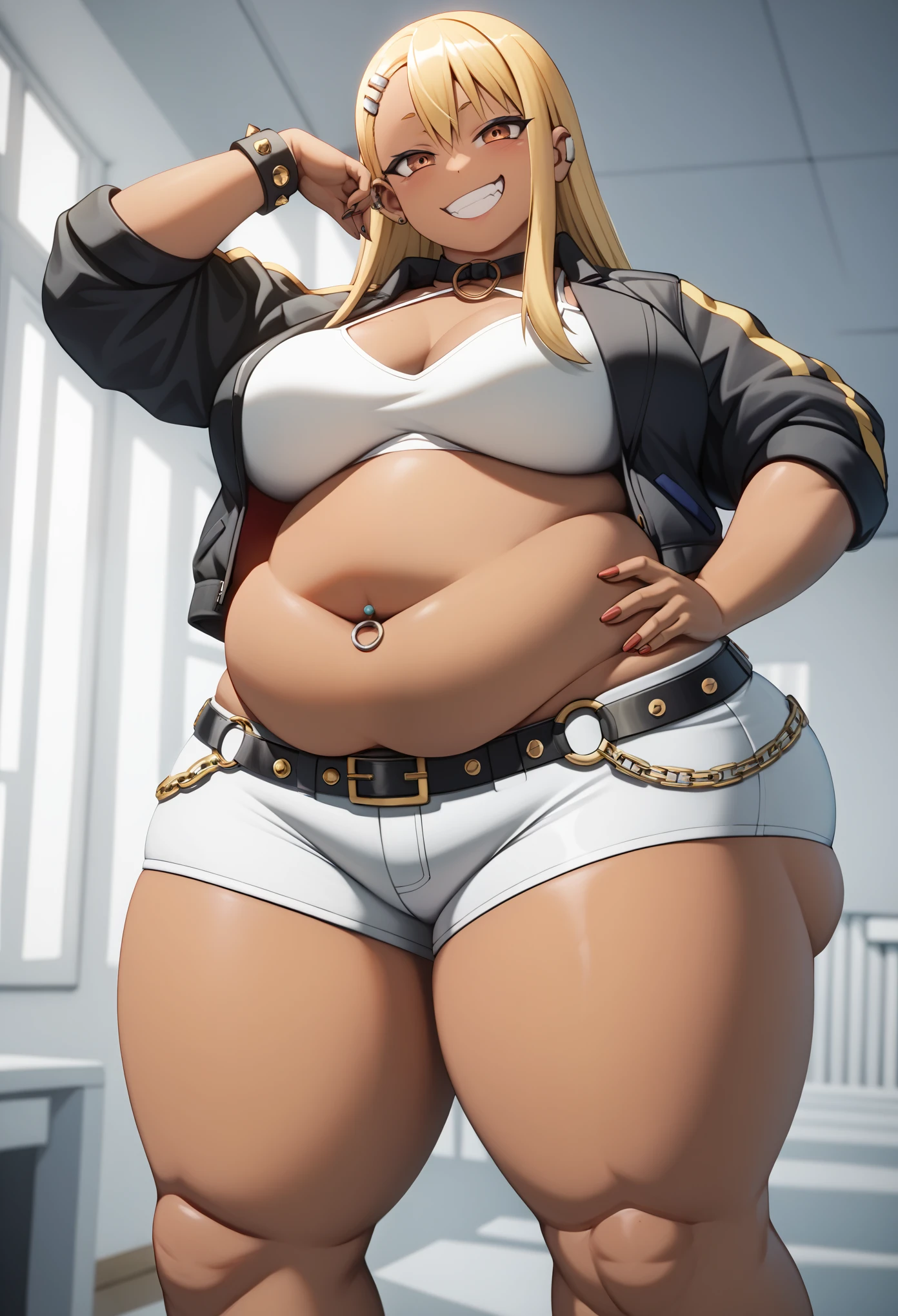 score_9, score_8_up, score_7_up, 1girl, standing, nagatoro hayase, solo , anime, blonde hair, hair clip, grin smile, tan, dark-skinned female, hadegalchainbelt, large o-rings, chain-belt, black cropped jacket, light green camisole, white shorts, navel piercing, masterpiece, ultra-detailed, 4k, look straight at viewer, fat, chubby, obese 