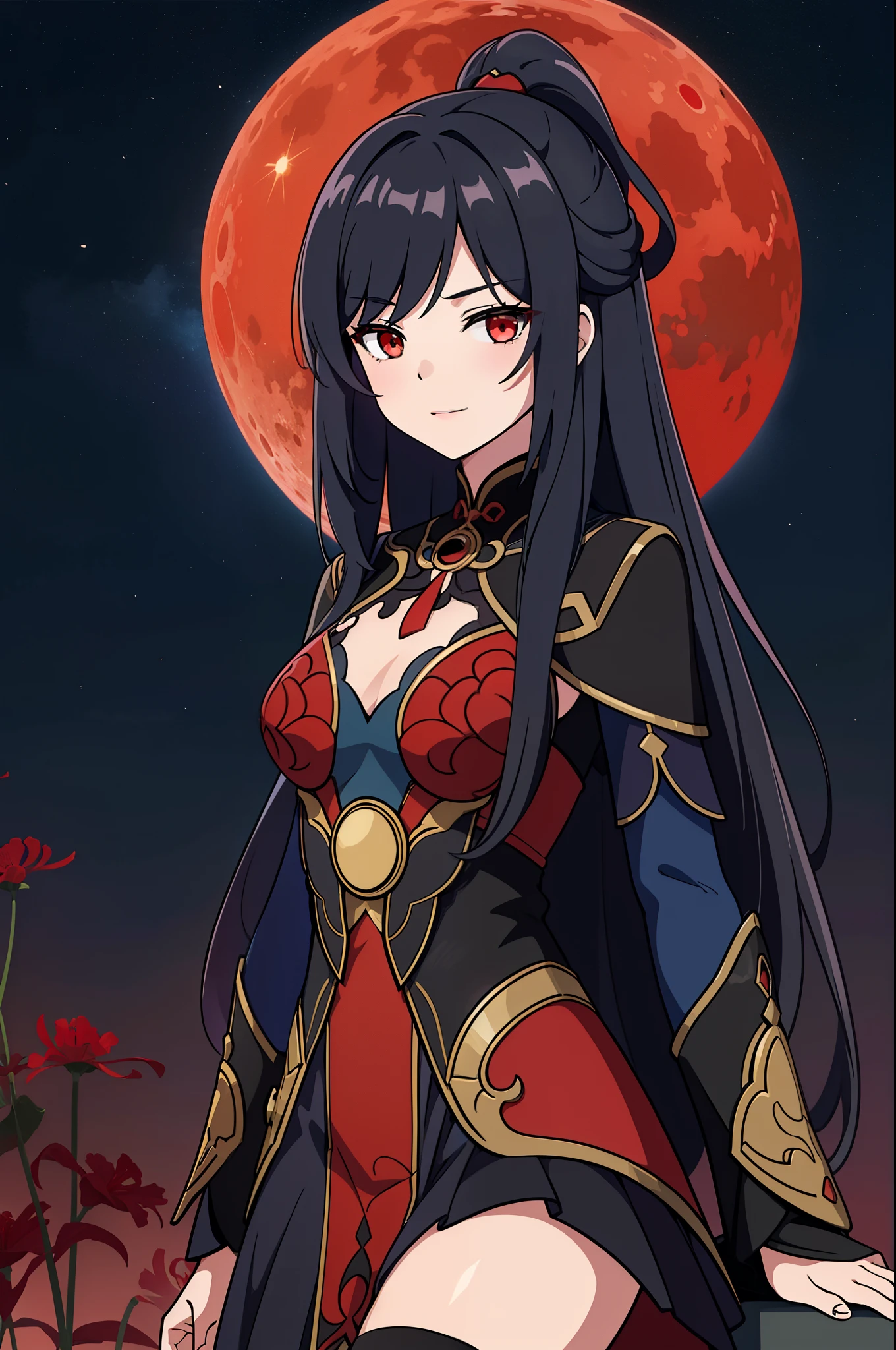 (high-quality, breathtaking),(expressive eyes, perfect face) portrait, 1girl, Symmetrical Eyes, adult age, black hair, red eyes, black and red trim dress, long cloak, knee high socks, small boots, medium full shot, cowboy shot, red spider lily, long hair, stylized hairstyle, black background, starry sky, blue lighting, moon background, green field, field of red flowers, nebula sky, jing liu, ren\(character\), positive expression, charming smile, beautiful figure, large breasts
