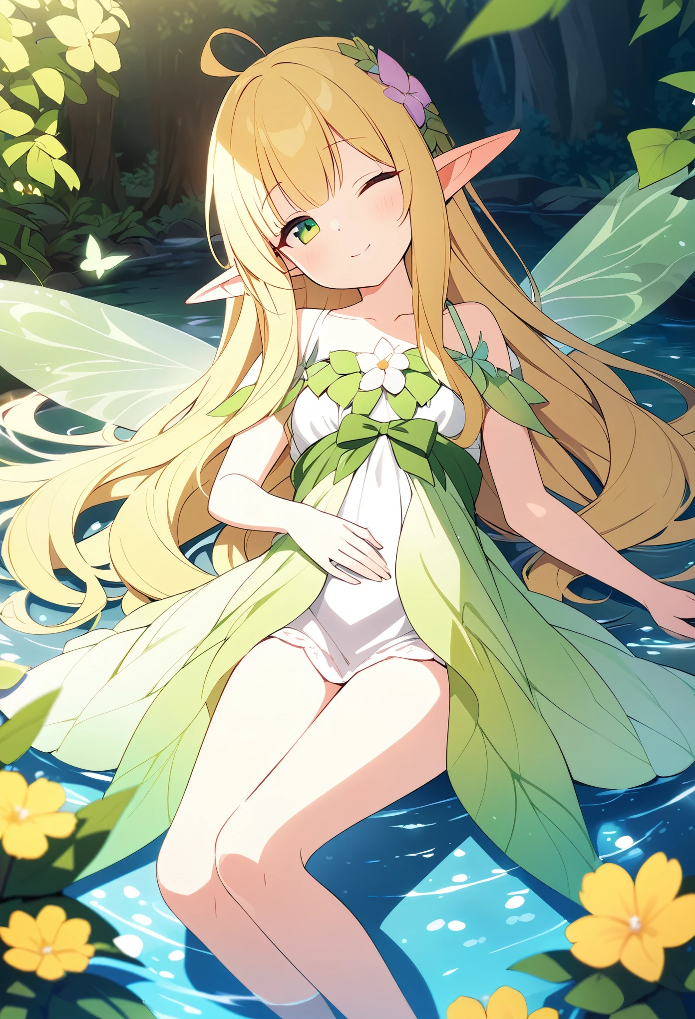 masterpiece、One 、 very cute、 very small breasts 、Slender body、Thin legs、Deep green eyes 、Bright yellow long hair、Elf Ears、 Fairy Wings、Lush forest、 colorful flowers floating by the water、 Innocent smiling girl 、Fairy Dress、Lie on your back、Asleep、Cute sleeping face