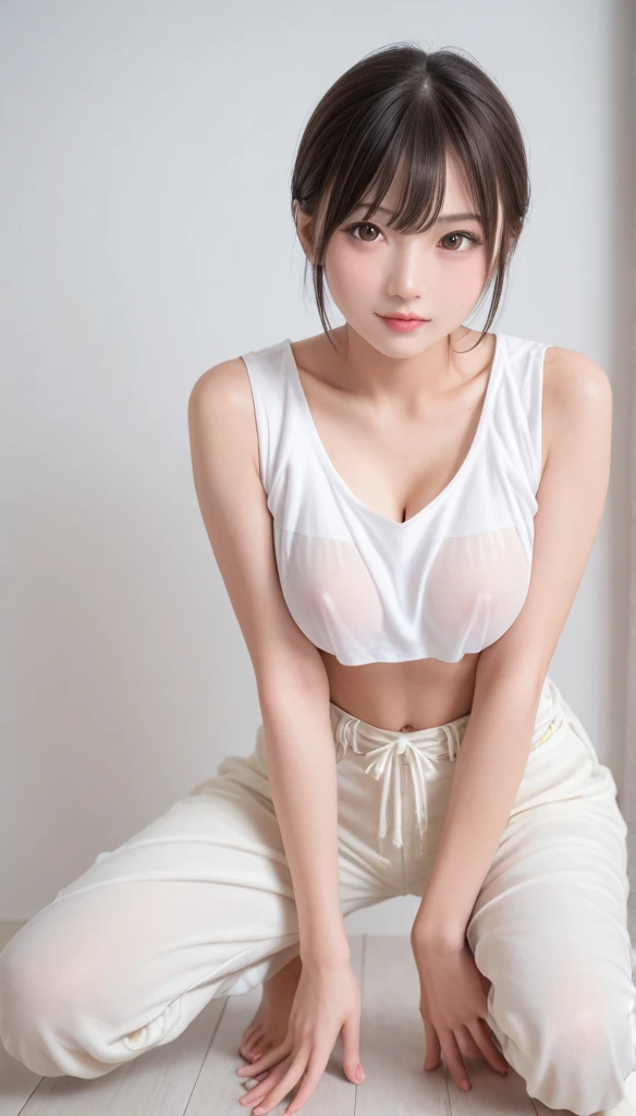 (8k Ultra HD, RAW photograph, Model photo shot,  photoGenuineistic, High resolution, photograph, Polaroid , highest quality, Best quality, masterpiece,) BREAK she has large Breasts, (((perky breasts))), (covered nipples), slender waist, BREAK , slender waist, skinny, ((east asian, baby face , round face, brown eyes)) , BREAK (((cowboy shot, looking at viewer, ))), ((1 lady is putting hand on under boobs, hand between legs, she is wearing loose laces-up shirts , cropped shoulders, loose fashion , separate breasts, no bra , dropped breasts, sheer sporty pants, Crouching that one knee on the ground, spread the other side knee outward, separate breasts, bending over)), 