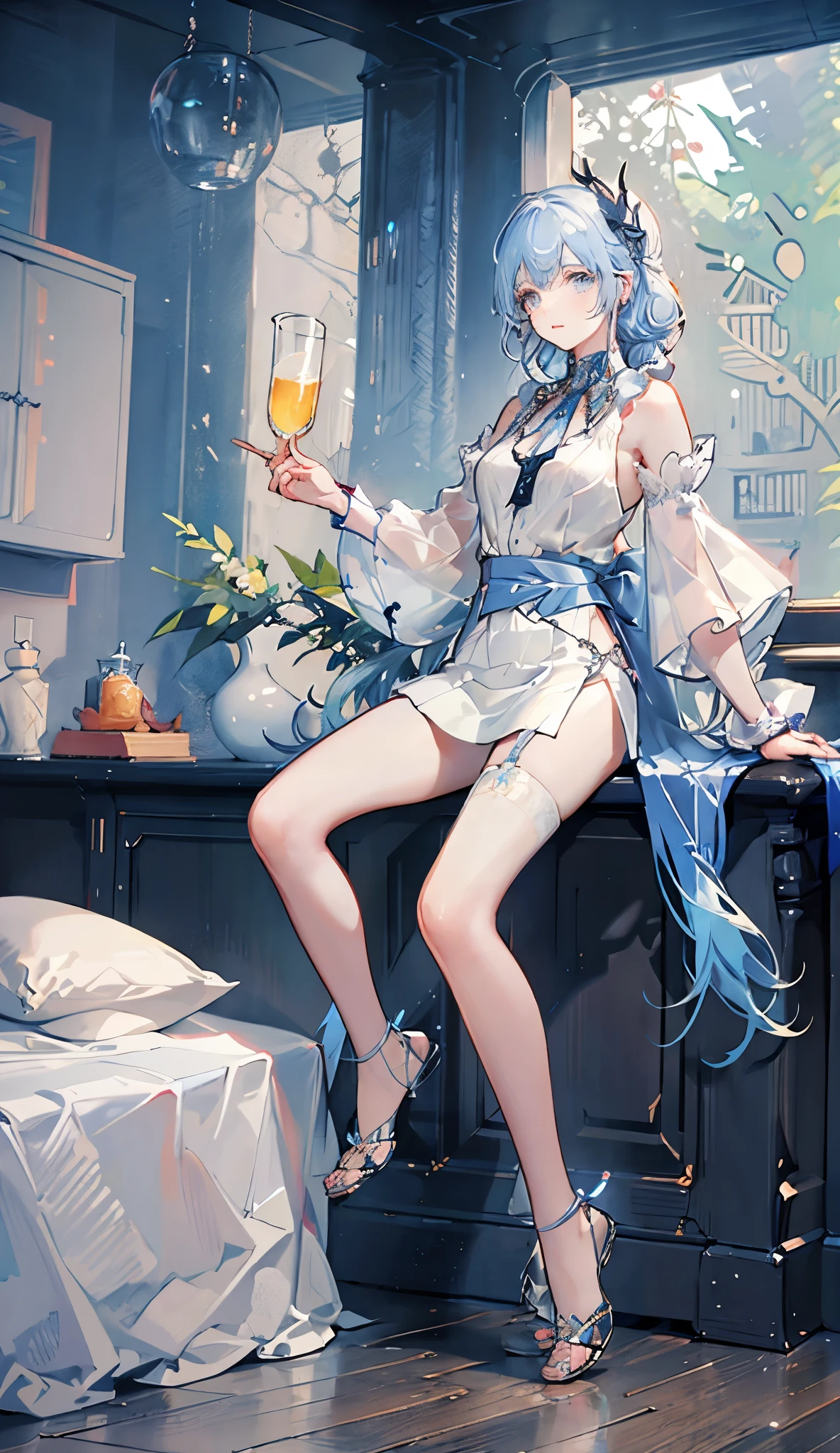 1girl, orange sleeves, white hair, white skin, light blue hair ornament, blue suspenders, blue clothes, light blue eyes, bare feet, double braids, full body, any poses, miticismo, folclore, lenda