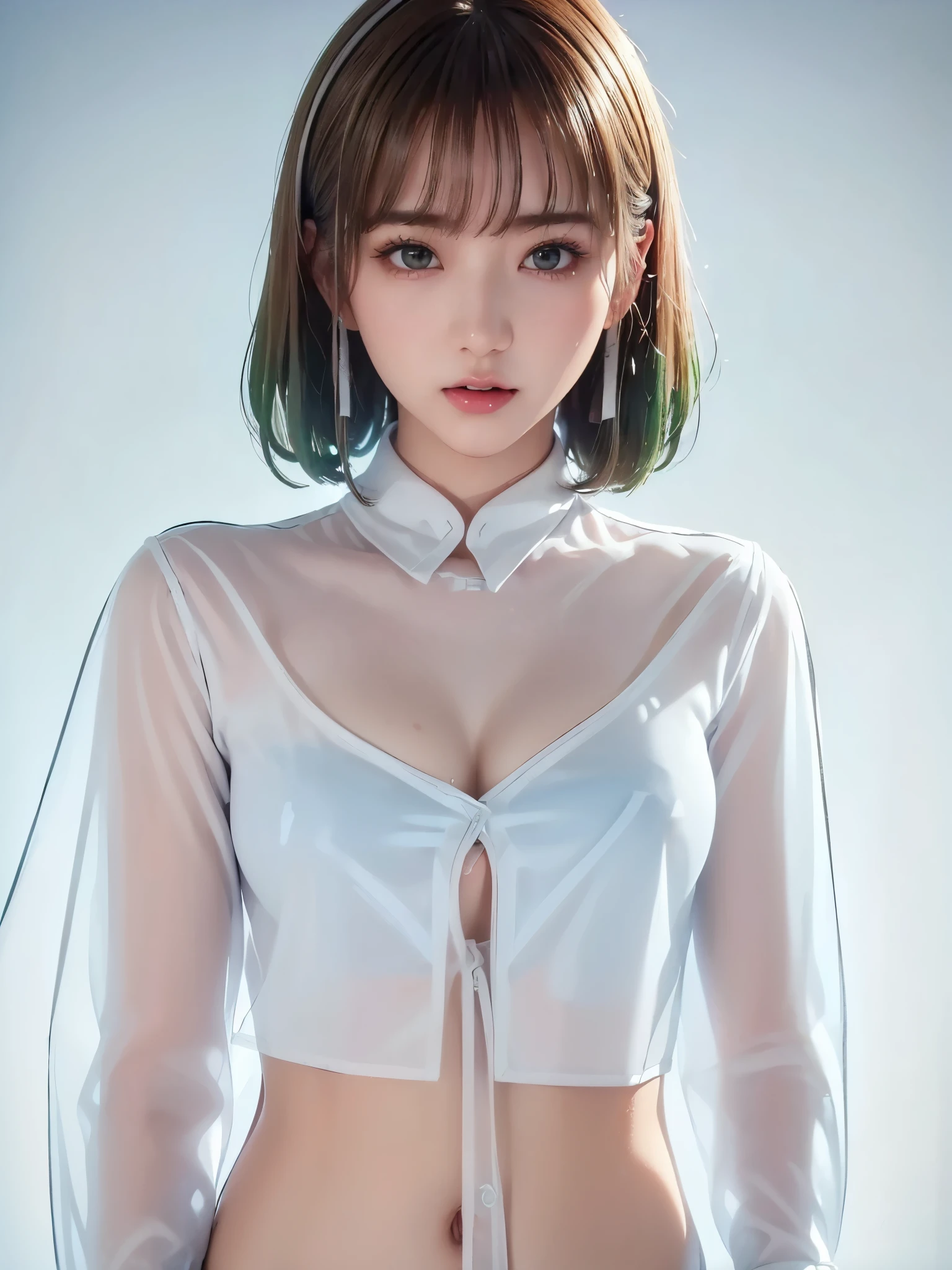  1 girl, ( wonderful:1.2), (( White Transparent Shirt:1.2)), RAW photo, ( photorealistic :1.37, Realistic),  Watch Viewer , (( Straight from the front))), ( high qualityスキン: 1.8),  8K HD Streaming,  SOFT LIGHTING,  high quality, (( upper body: 1.6) ), ( Pro Writing : 1.6), (  wet body, Wet clothes),  Highlighting Cleavage ,