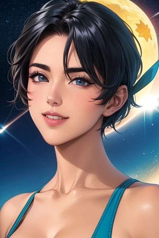 （8k, Best Quality, masterpiece), (Realistic, Realistic),(( photorealistic:1.1)),((face：Best Quality解像度)), COMPLETE ANATOMY,Summit、 under the starry sky 、 Facing the front and smiling with her whole body 、innocent girl with short hair、The girl with short hair is basking in the wind with her whole body 、 wearing a micro bikini ,