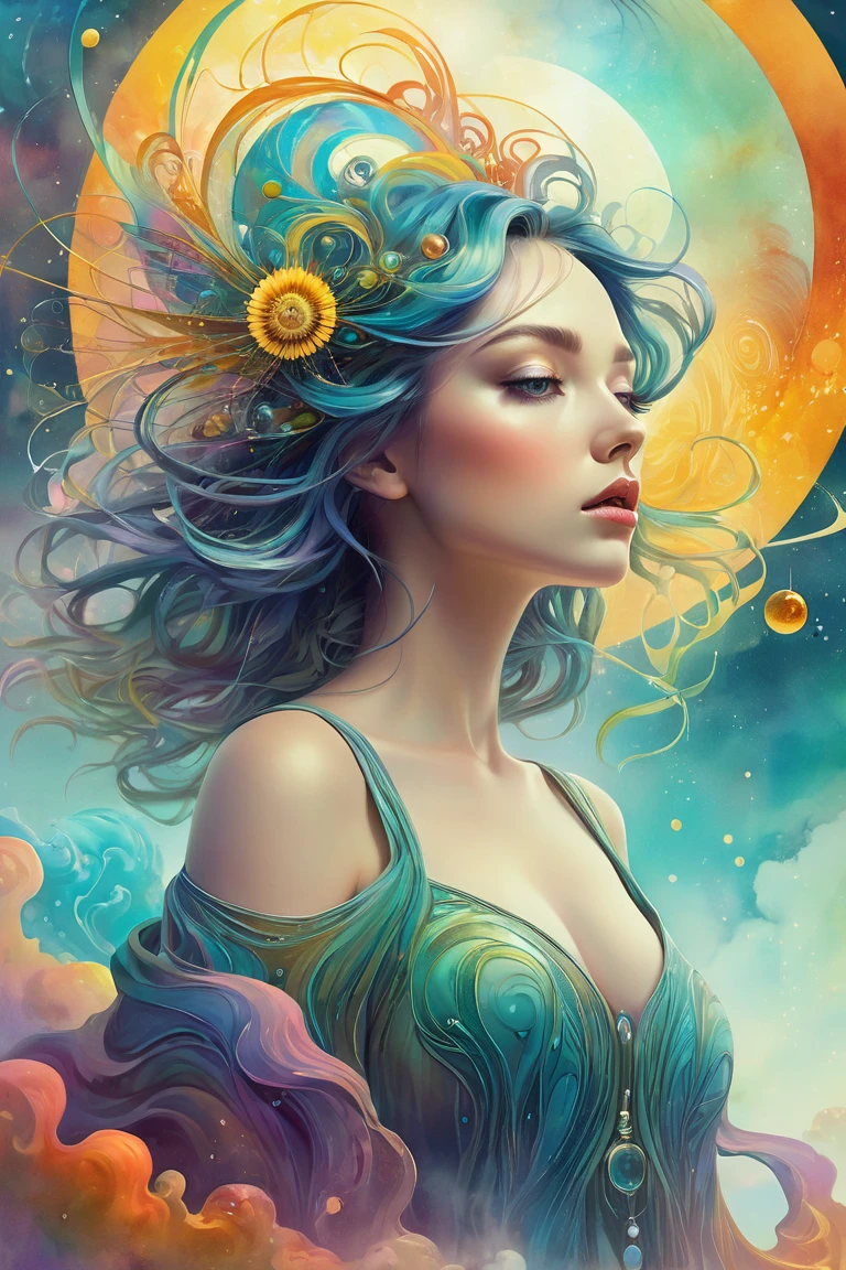 Digital art, Film quality, portrait, realistic art, Digital illustration, Vibrant colors, watercolor, oil paints, alcohol inks, combining the artistic styles of José Royo, David Hamilton, Karol Bak's, Jim Lee, Frank Miller, Luis Royo, watercolor illustration of the silhouette of an elegant Spanish woman, sketch gracefully showing feminine beauty, flowing hair, highlights on the face, earring and necklace, a flower in the hair. captures the ethereal beauty of her outfit, soft washes of watercolor blending seamlessly to represent the fluid fabric and intricate details. The sketch pose exudes a natural elegance. hyperdetailed, trends in artstation, sharp focus, studio photo, intricate details, highly detailed, by greg rutkowski, pastel photo, digital art, perfect composition, beautiful intricate details insanely detailed octane rendering trends in artstation, art photography by 8k, photorealistic concept art, soft natural volumetric cinematic perfect light, chiaroscuro, award-winning photography, masterpiece, oil on canvas, raphael, caravaggio, greg rutkowski, beeple, beksinski.