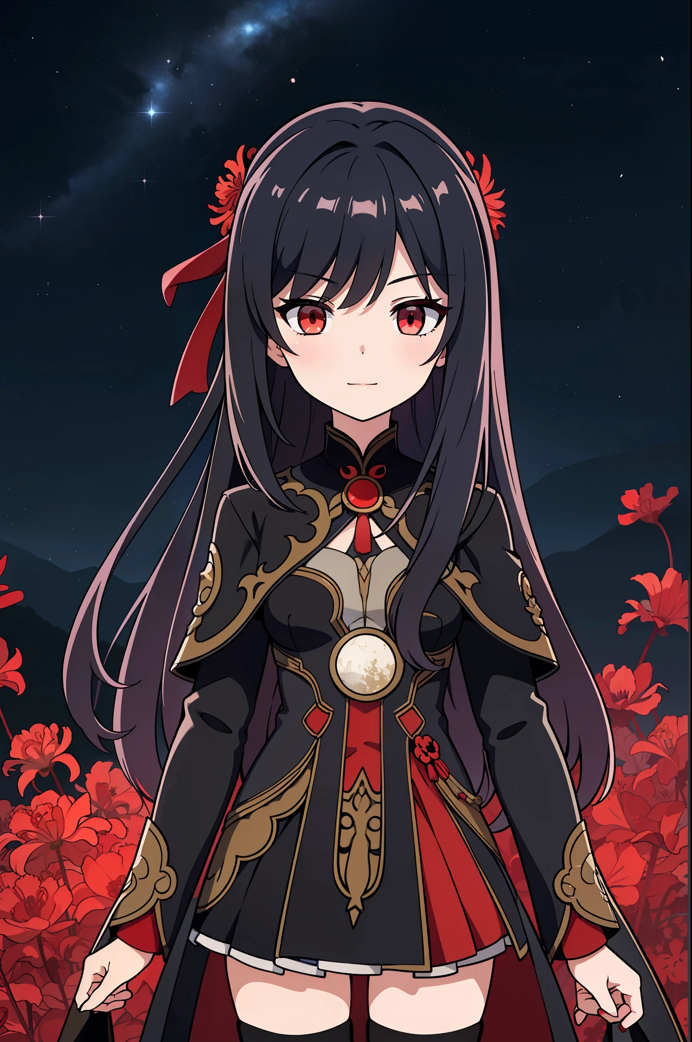 (high-quality, breathtaking),(expressive eyes, perfect face) portrait, 1girl, Symmetrical Eyes, adult age, black hair, red eyes, black and red trim dress, long cloak, knee high socks, small boots, medium full shot, cowboy shot, red spider lily, long hair, stylized hairstyle, black background, starry sky, blue lighting, moon background, green field, field of red flowers, nebula sky, jing liu, ren\(character\), positive expression, charming smile, beautiful figure, large breasts
