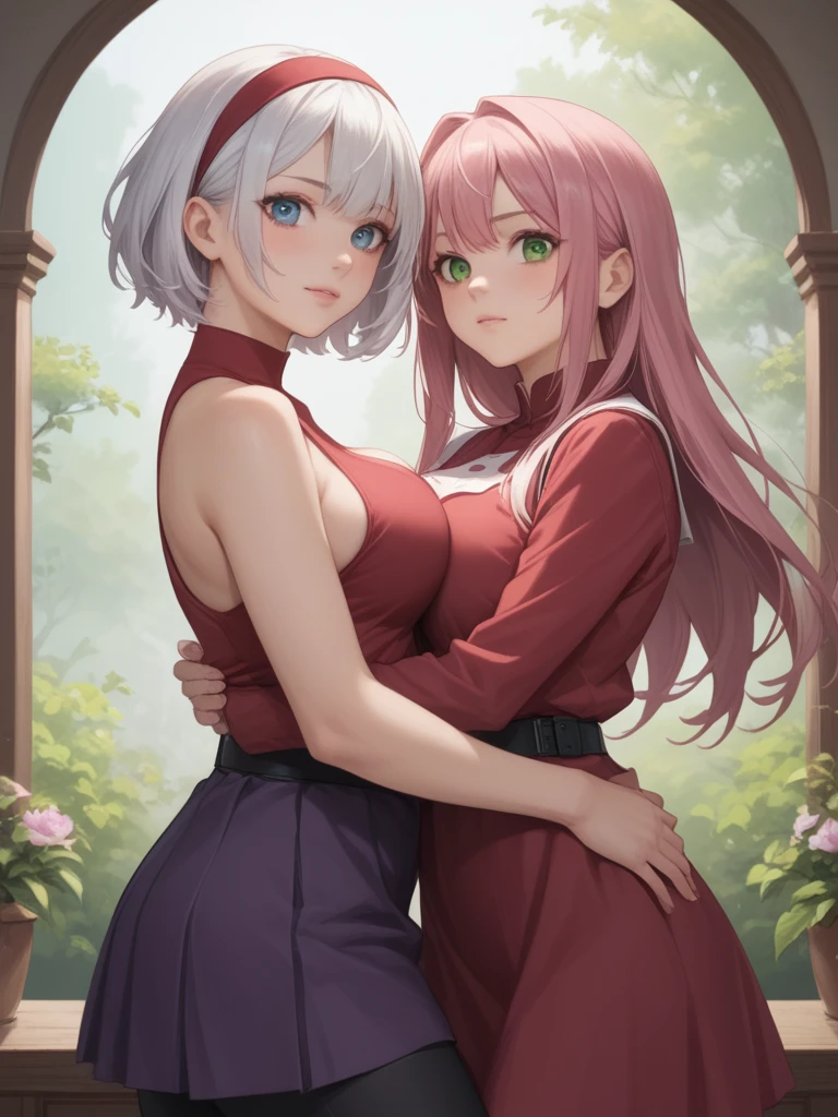 (upper body), 2 women, hugging. sakura haruno, short hair, pink hair, green eyes, detailed eyes, red clothes, black pants, red headband, black belt, big breasts. Ino yamanaka, long hair white hair, blue eyes, detailed eyes, purple clothes, purple skirt, big breasts. Realistic, ultra hd, 70mm lens.