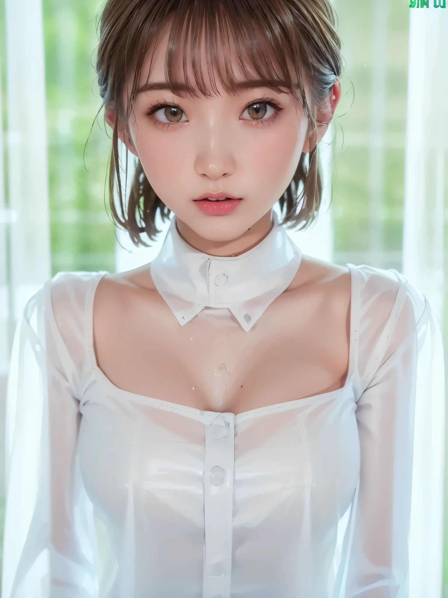  1 girl, ( wonderful:1.2), (( White Transparent Shirt:1.2)), RAW photo, ( photorealistic:1.37, Realistic),  Watch Viewer , (( Straight from the front))), ( high qualityスキン: 1.8),  8K HD Streaming,  SOFT LIGHTING,  high quality, (( upper body: 1.6) ), ( Pro Writing : 1.6), (  wet body, Wet clothes),  Highlighting Cleavage ,Selfie