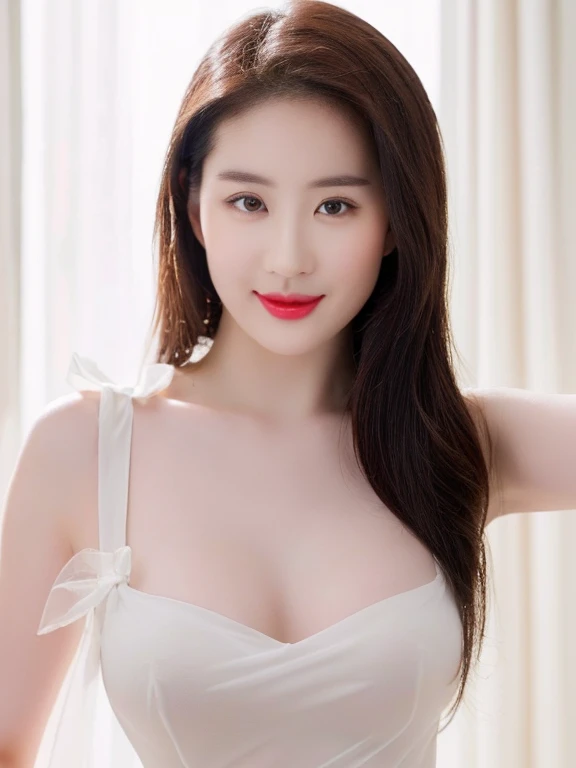 (Realistic、masterpiece、best quality、8K、high resolution、high resolution:1.3)、1 girl、smile, red lips, (((Gigantic breasts、white see-through dress, no bra)))、pale white skin、looking at viewers、supene face and eyes、long hair、indoor、 upper body、