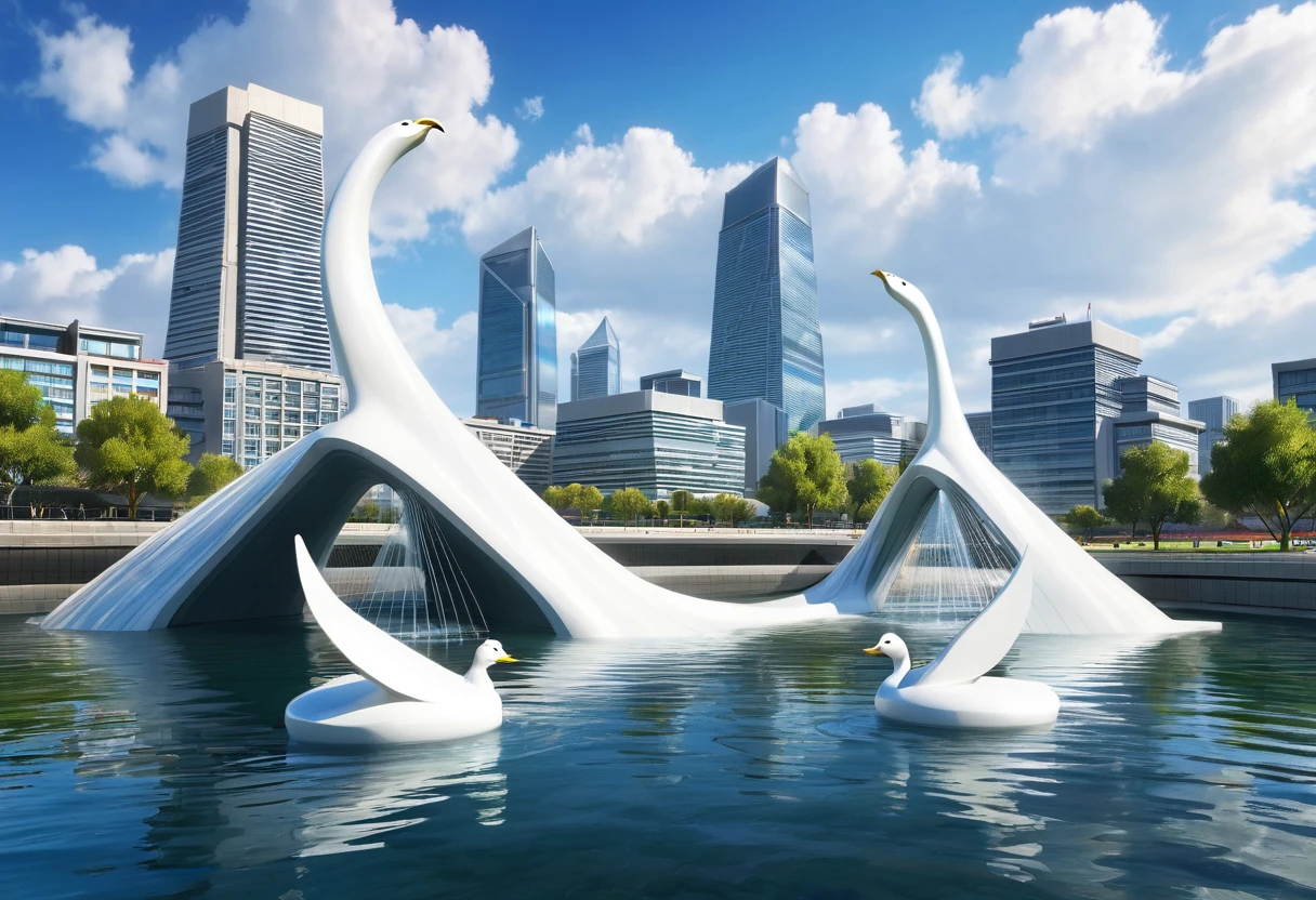 A large monument in the form of a pair of ducks standing majestically, made of shiny sculptural material. This duck statue is placed on the edge of a beautiful river, with water flowing calmly around it. Behind the statue, there is a large bridge that crosses the river, creating a stunning contrast. The surrounding area is filled with modern urban elements, such as tall buildings, parks, and busy walkways, adding to the beauty of this view. The clear sky with soft white clouds above gives a cheerful atmosphere