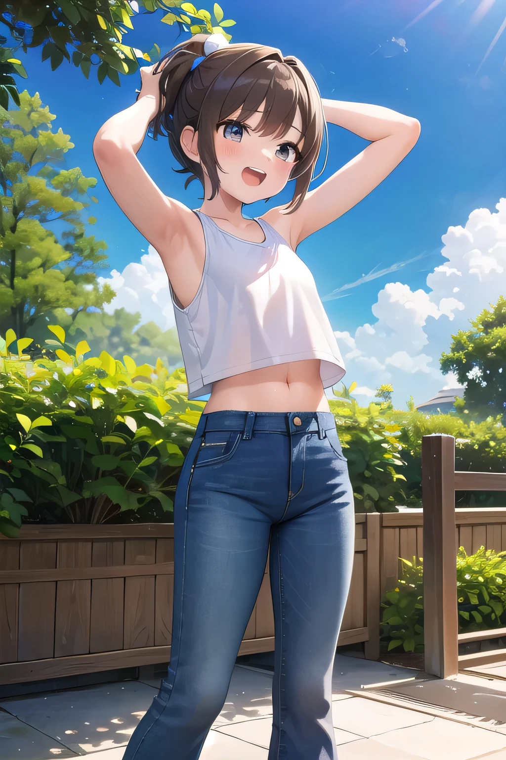 masterpiece,best quality,ultra detail,1girl, yo,pee,Laugh happily,garden,sunshine,cloud, beautiful brown short ponytail hair, hair ornament, x hair ornament,Raise your arms and bring them behind your head,White teeth, white tank tops, white crop tops, jeans pants, (flares jeans 1:1), blue jeans, standing sexual pose, orgasm