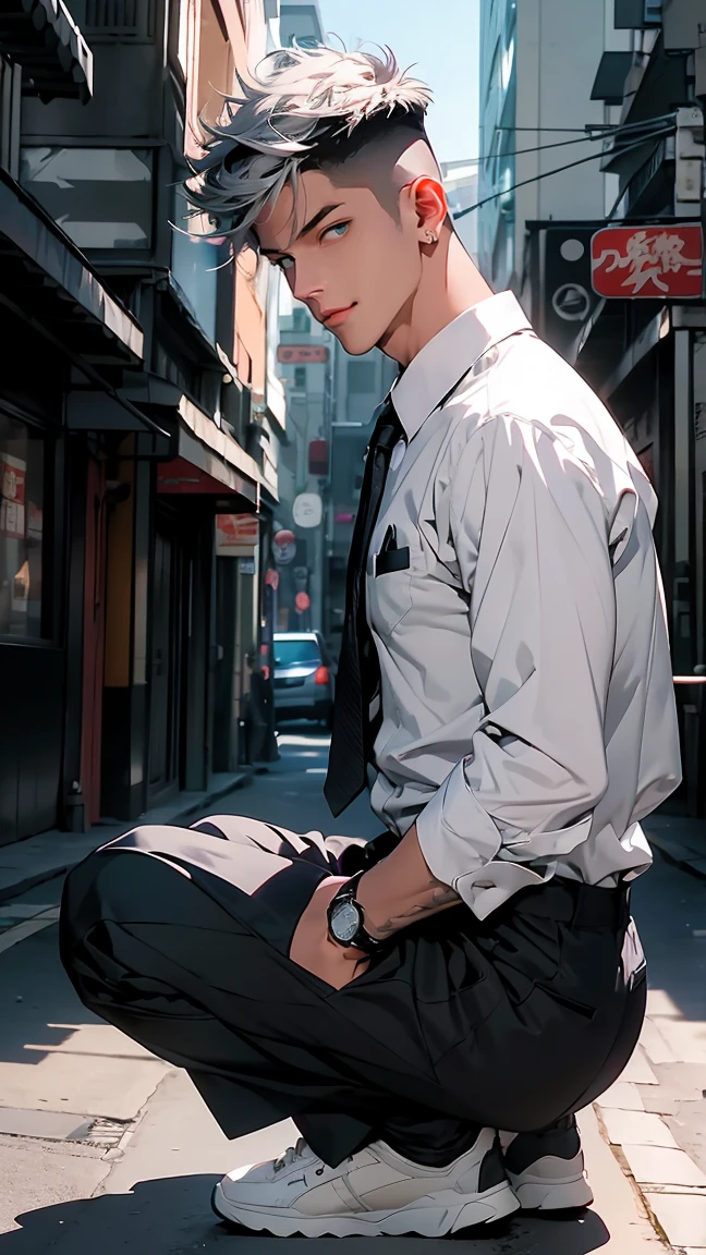 highest quality, 8k, high resolution image, Anime Style Jujutsu Kaisen, (Wriothesly/Genshin Impact), detailed strokes, bored look, blurry, purple light reflecting from it, (close angle), 1 man, back, (Full body portrait), Leather shoes, （View from behind 1.5), (sit), 椅子にsit, young, male, Model, Hand in pocket, Cool guy, multicolored background with different geometric shapes, around stickers, Muscular, black hair, aqua eyes, multicolored hair, gray hair, hair between eyes, highlighted hair, puffy chest. (Dress shirt), tie, Business Style, (Arms crossed 1.5), sweatpants, background: big city, street