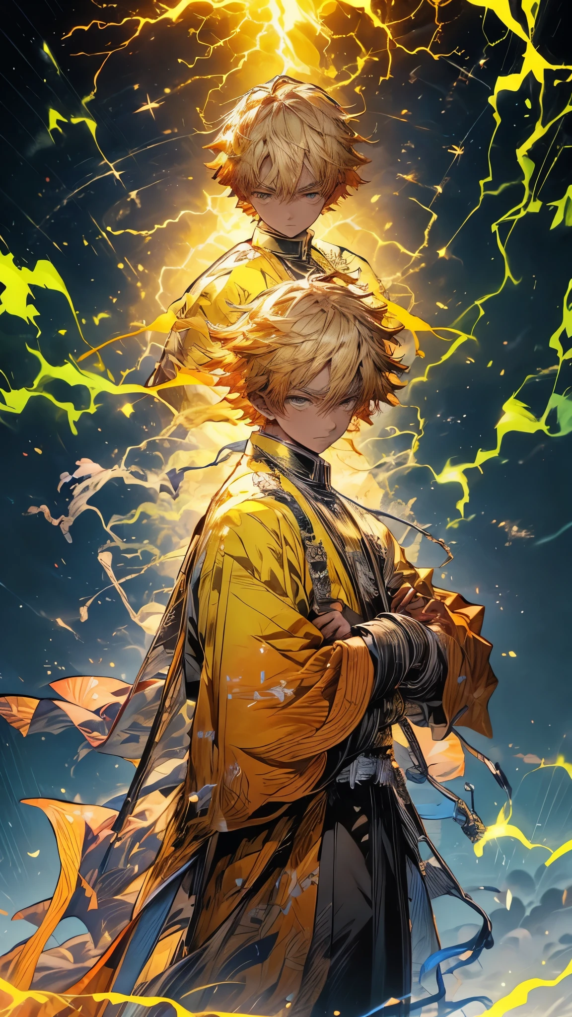 Zenitsu Agatsuma, a character from the Demon Slayer series, poised to draw his katana, a look of intense concentration in his eyes, gazing forward with nervous anticipation, slightly leaning forward, dressed in vibrant electric yellow attire, the atmosphere charged with lightning,