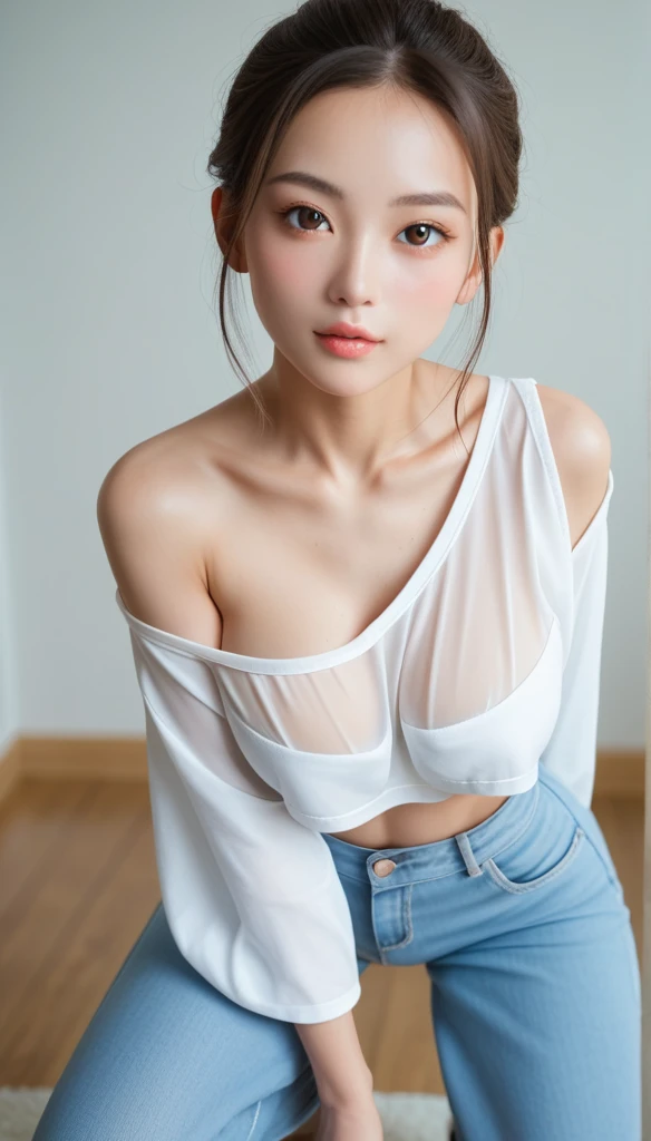 (8k Ultra HD, RAW photograph, Model photo shot,  photoGenuineistic, High resolution, photograph, Polaroid , highest quality, Best quality, masterpiece,) BREAK she has large Breasts, (((perky breasts))), (covered nipples), slender waist, BREAK , slender waist, skinny, ((east asian, baby face , round face, brown eyes)) , BREAK (((cowboy shot, looking at viewer, ))), ((1 lady is putting hand on under boobs, hand between legs, she is wearing loose laces-up oversized shirts , cropped shoulders, loose fashion , separate breasts, no bra , dropped breasts, sheer sporty pants, Crouching that one knee on the ground, spread the other side knee outward, separate breasts, bending over, all four)), 