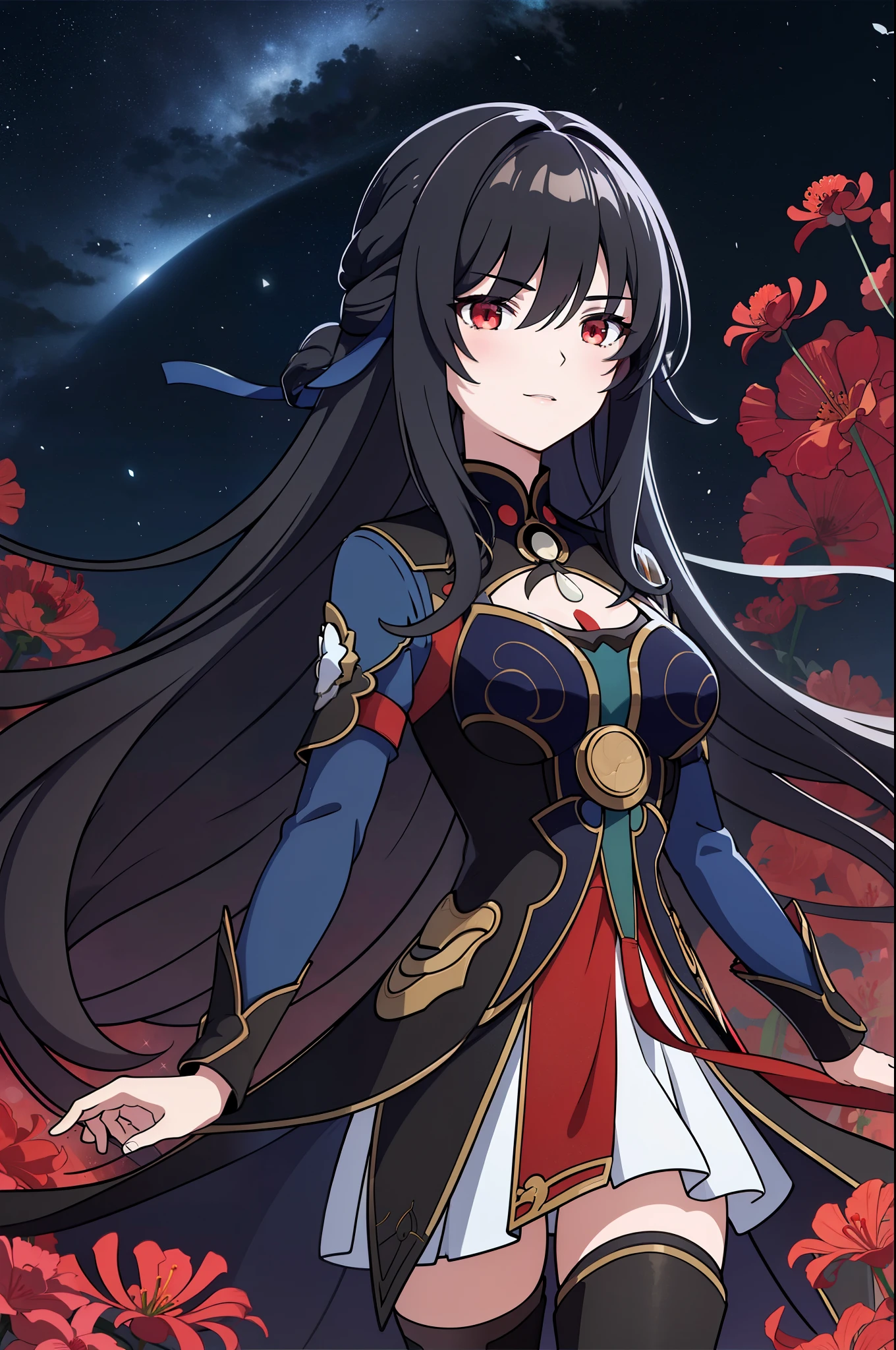 (high-quality, breathtaking),(expressive eyes, perfect face) portrait, 1girl, Symmetrical Eyes, adult age, black hair, red eyes, black and red trim dress, long cloak, knee high socks, small boots, medium full shot, cowboy shot, red spider lily, long hair, stylized hairstyle, black background, starry sky, blue lighting, moon background, green field, field of red flowers, nebula sky, jing liu, ren\(character\), positive expression, charming smile, beautiful figure, large breasts
