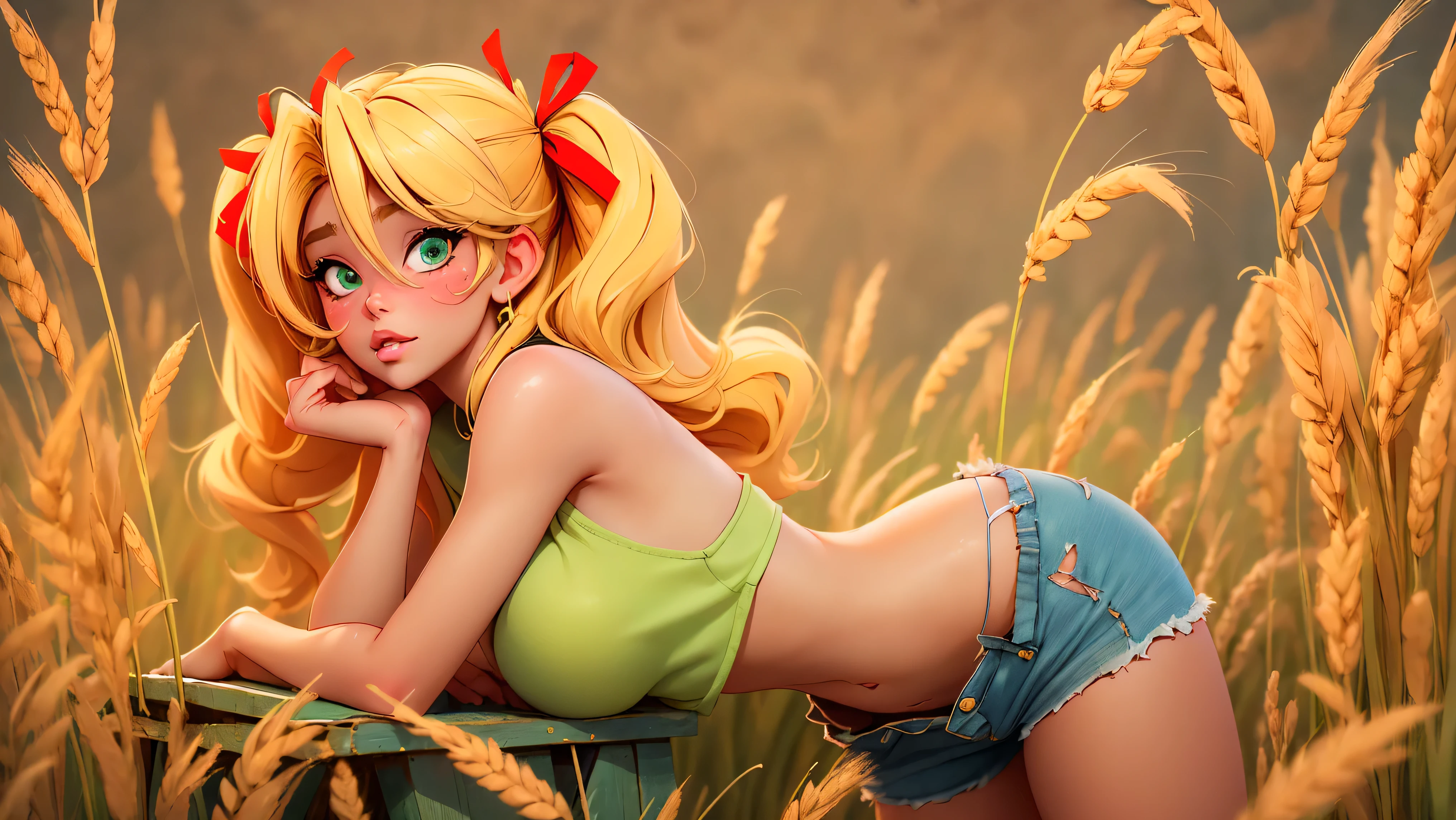 1girl, solo, (masterpiece, best quality, High Detail, 8K), blonde, long wavy hair, twintails with red ribbons in hair, dark tanned skin, extremely sexy, bikini tan, ((large breasts, busty)), Head to hips shot, Full body shot, cowboy shot, skinny, large green eyes, ((thin waist, small hips, long torso)), ((Dean Yeagle Style - Mandy)), wearing cutoff bluejean short-shorts, country girl, standing in a wheat field, farm background, wheat field,