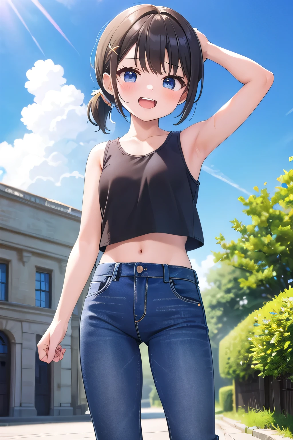 masterpiece,best quality,ultra detail,1girl, yo,pee,Laugh happily,spa land,sunshine,cloud, beautiful brown short ponytail hair, hair ornament, x hair ornament,Raise your arms and bring them behind your head,White teeth, white tank tops, white crop tops, jeans pants, (flares jeans 1:1), blue jeans, standing sexual pose, orgasm