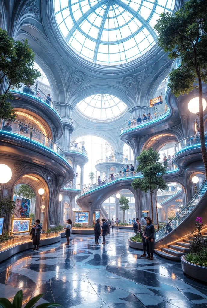 intricate architectural design, futuristic museum, sleek metallic structure, glass dome, neon lighting, advanced technology displays, holograms, interactive exhibits, clean minimalist interior, futuristic sci-fi aesthetic, cinematic lighting, hyper-realistic photographic quality, 8k, HDR, photorealistic, masterpiece