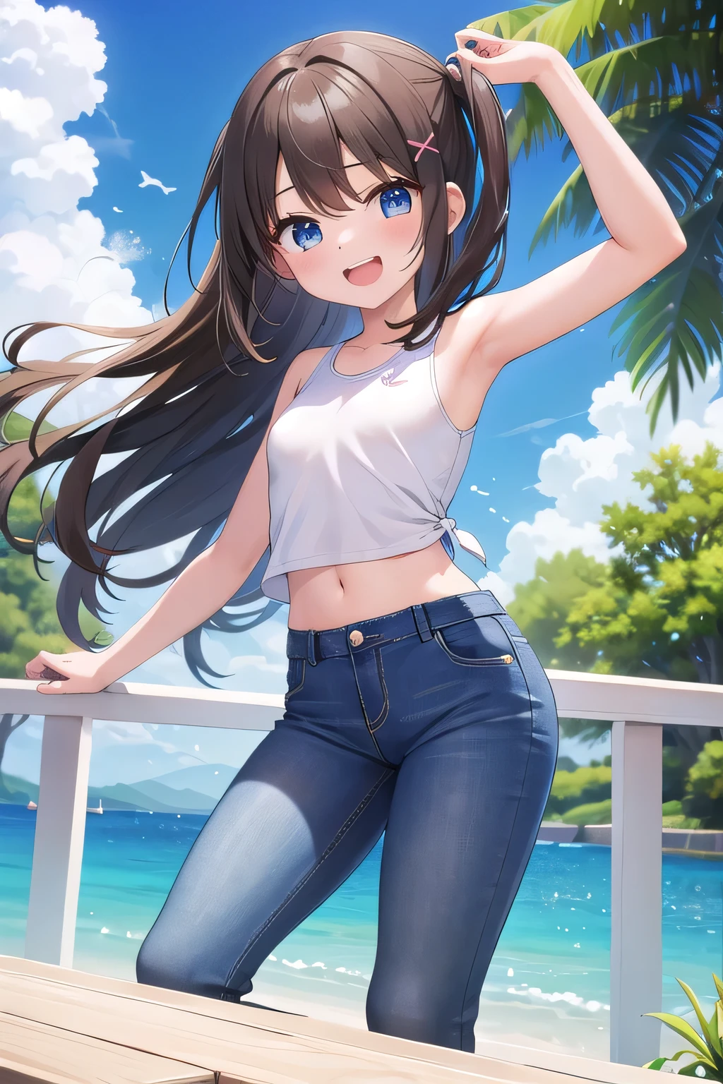 masterpiece,best quality,ultra detail,1girl, yo,pee,Laugh happily,spa land,sunshine,cloud, beautiful brown long hair, hair ornament, x hair ornament,Raise your arms and bring them behind your head,White teeth, white tank tops, white crop tops, jeans pants, (flares jeans 1:1), blue jeans, standing sexual pose, orgasm