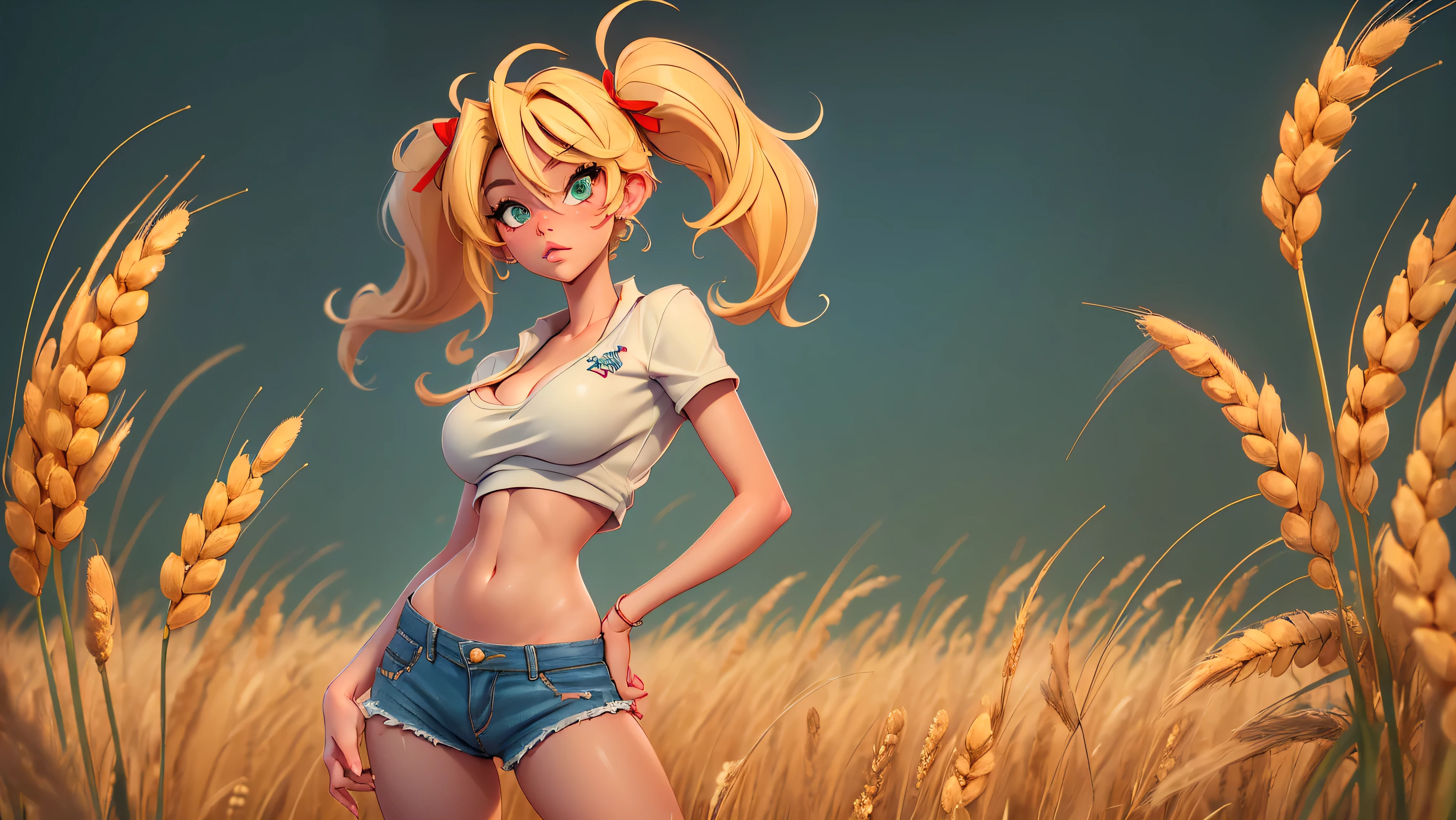 1girl, solo, (masterpiece, best quality, High Detail, 8K), blonde, long wavy hair, twintails with red ribbons in hair, dark tanned skin, extremely sexy, bikini tan, ((large breasts, busty)), Head to hips shot, Full body shot, cowboy shot, skinny, large green eyes, ((thin waist, small hips, long torso)), ((Dean Yeagle Style - Mandy)), wearing cutoff bluejean short-shorts, country girl, standing in a wheat field, farm background, wheat field,