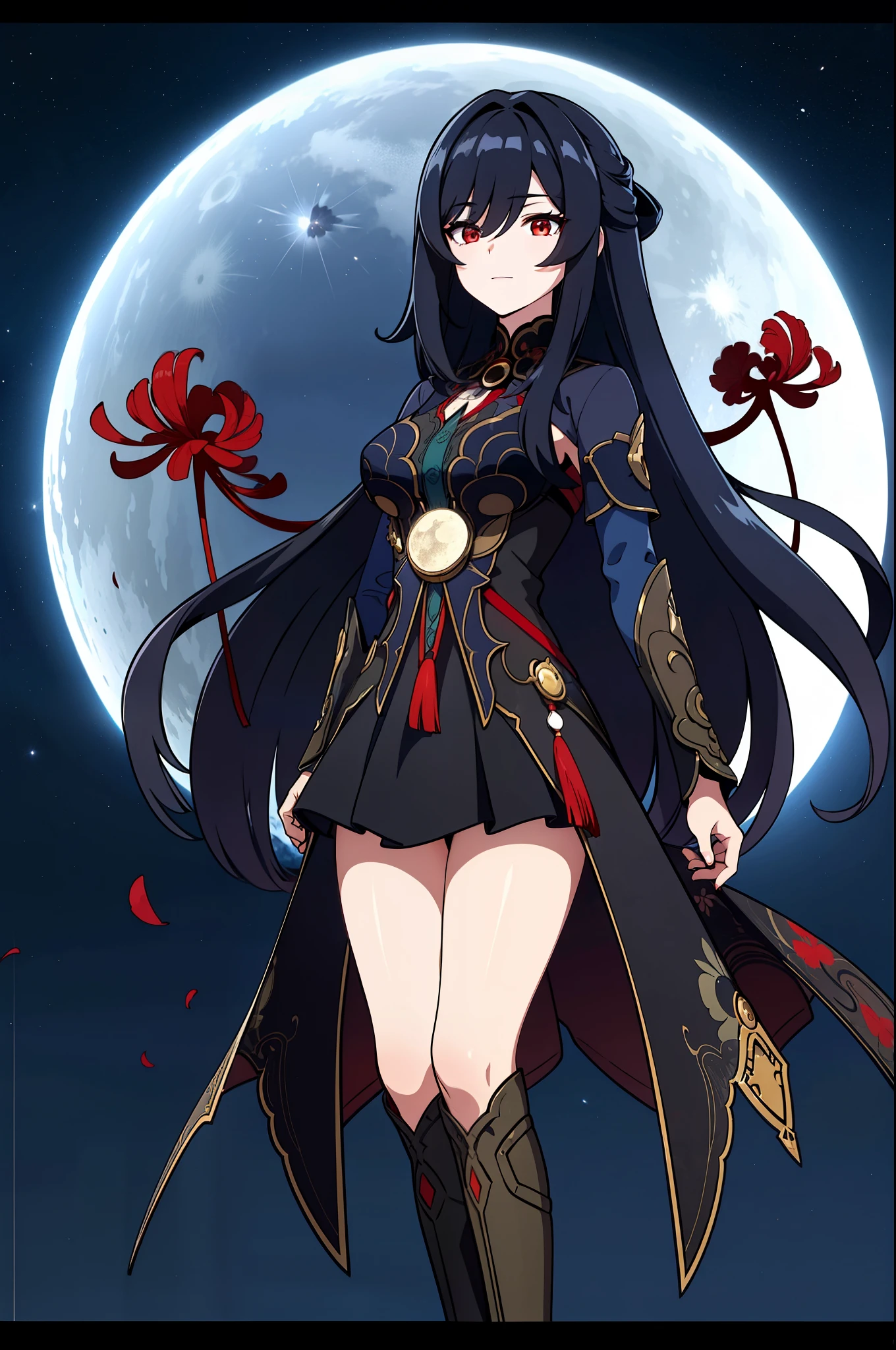 (high-quality, breathtaking),(expressive eyes, perfect face) portrait, 1girl, Symmetrical Eyes, adult age, black hair, red eyes, black and red trim dress, long cloak, knee high socks, boots, medium full shot, cowboy shot, red spider lily, long hair, stylized hairstyle, black background, starry sky, blue lighting, moon background, green field, field of red flowers, nebula sky, jing liu, ren\(character\), positive expression, charming smile, beautiful figure, large breasts
