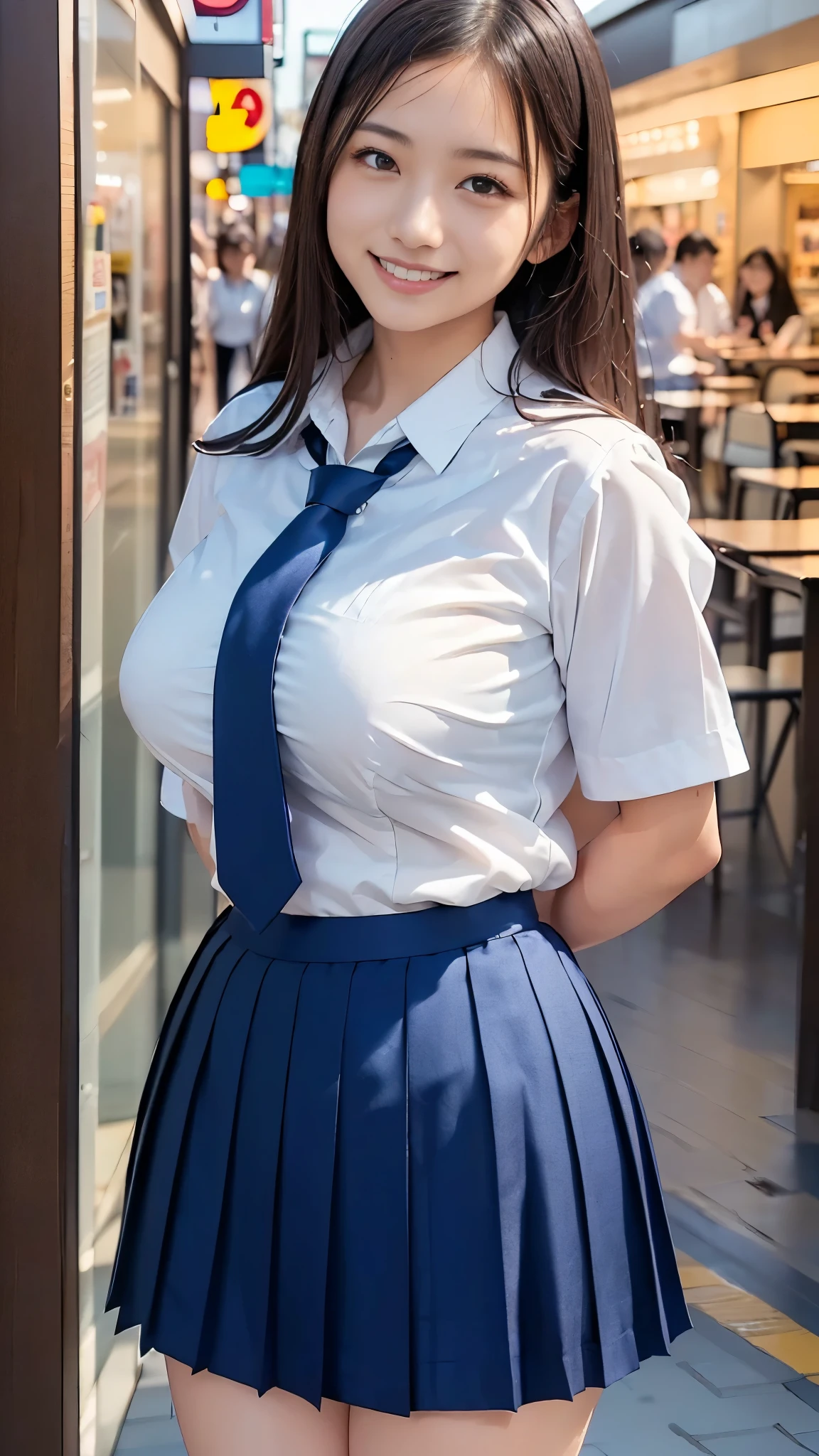 Best Quality,masterpiece, ultra high resolution, high-definition RAW color photo, professional photography, Natural Skin Textures ,Fine skin,hyperrealism, Japanese Women,((smile,((Schoolgirl uniform,WHITE shirt, cutter shirt), Navy pleated skirt,Short tie))),arms behind back,gigantic breast, arcade