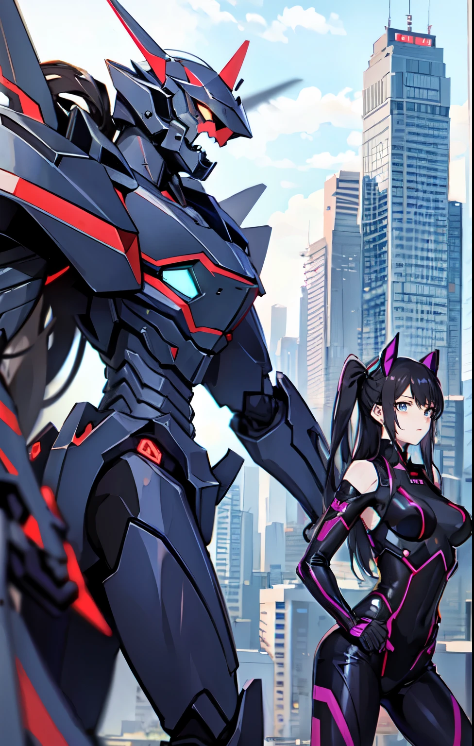 A girl with long dark blue hair，Cat's ears，Blue cat tail，With a huge chainsaw，Wearing a mecha suit，Full body photo of the front，Heavy mecha wind，long and flowing hair，blue color eyes，grown woman，mechs，a mature female