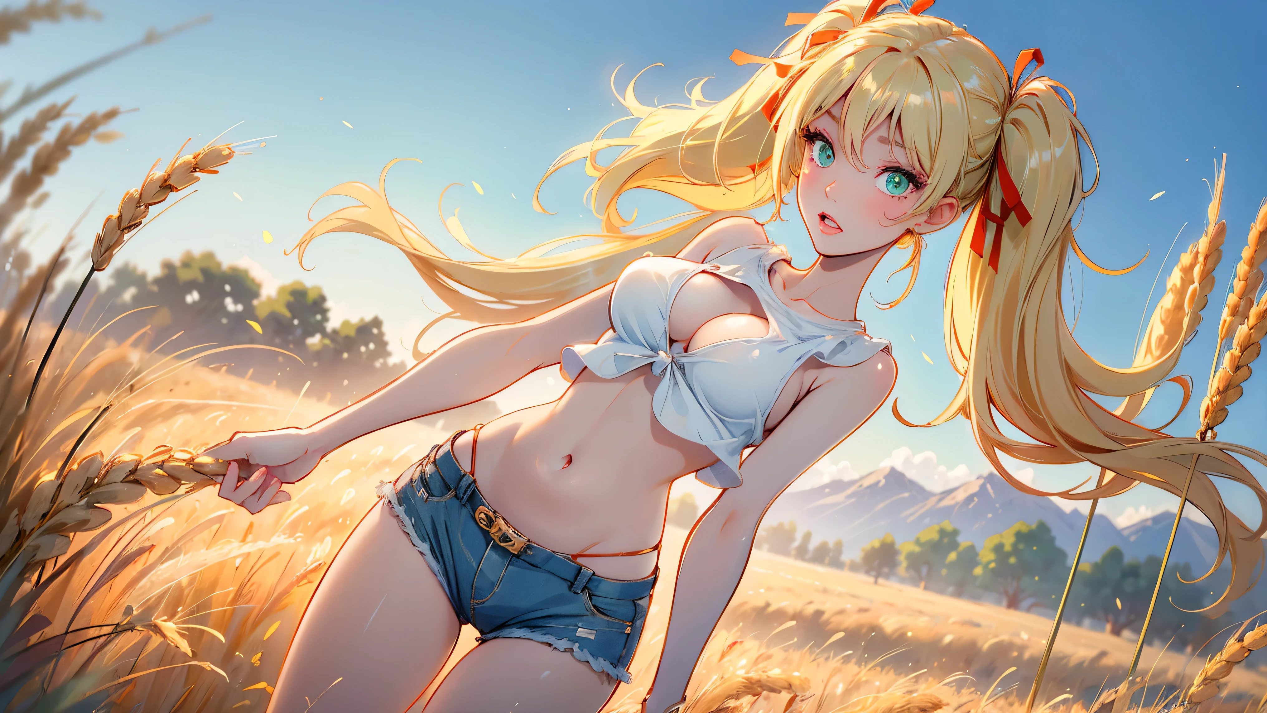 1girl, solo, (masterpiece, best quality, High Detail, 8K), blonde, long wavy hair, twintails with red ribbons in hair, dark tanned skin, extremely sexy, bikini tan, ((large breasts, busty)), Head to hips shot, Full body shot, cowboy shot, skinny, large green eyes, ((thin waist, small hips, long torso)), ((Dean Yeagle Style - Mandy)), wearing cutoff bluejean short-shorts, country girl, standing in a wheat field, farm background, wheat field,