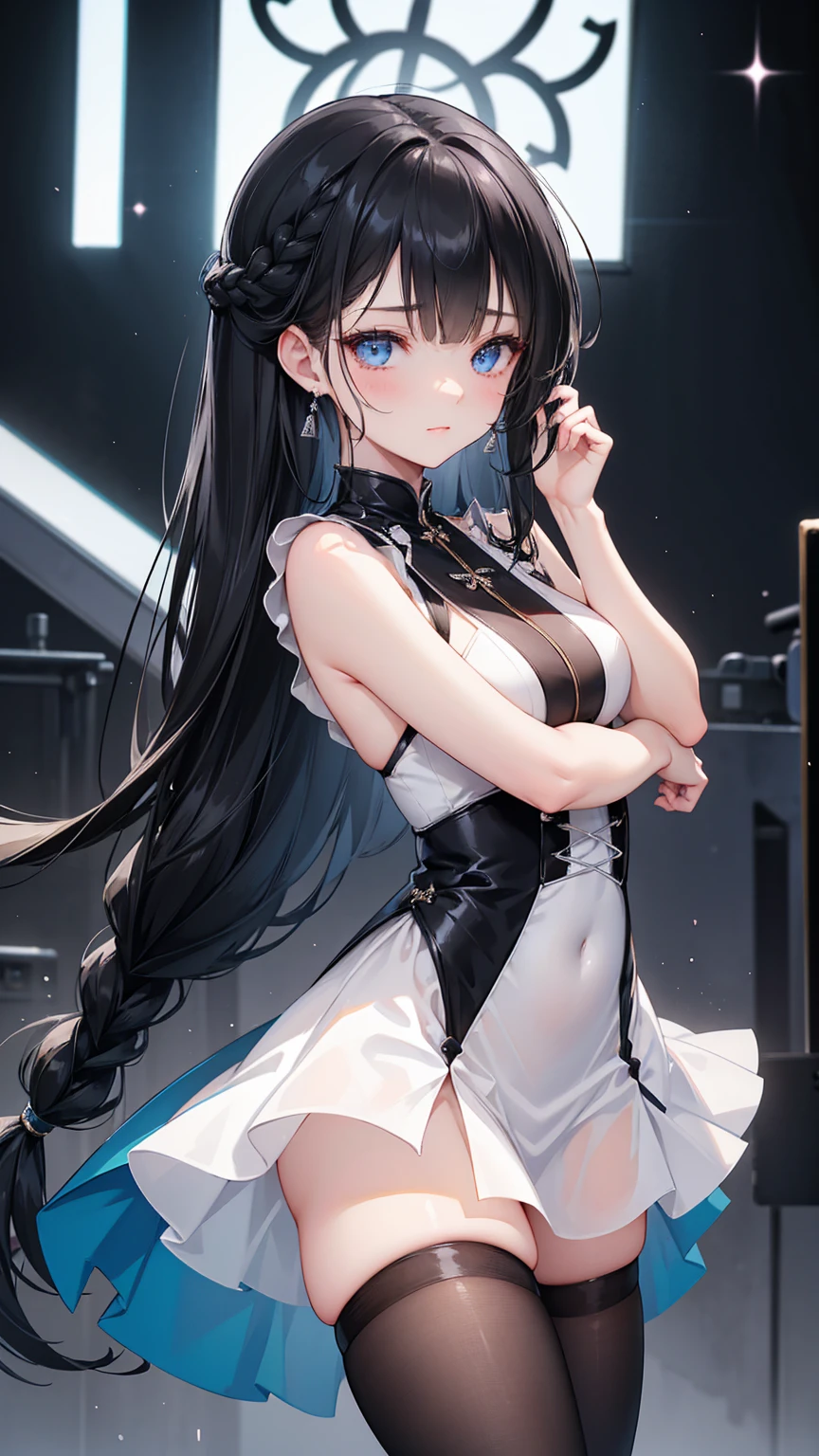 Light and shadow effects are skillfully expressed, Black background with spotlight, Long eyelashes, Twin tails, Black Hair, Air decoration, white dress, blue bowtie, Cleavage cutout, Blue Ribbon, Arm ribbon, short dress, white gloves, barefoot, blue bow, blue bowtie, bow, bowtie, Cleavage, Cleavage cutout, Clothing cutouts, dress, gloves, pencil dress, (Rei no himo:1.5),