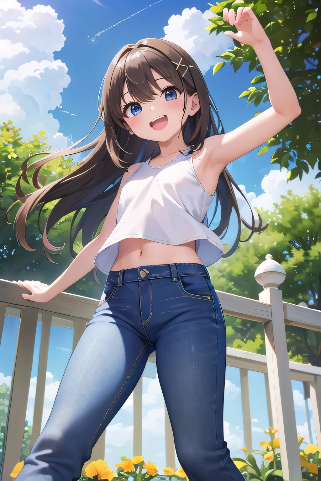 masterpiece,best quality,ultra detail,1girl, 14yo,petite,Laugh happily,garden,sunshine,cloud, beautiful brown long hair, hair ornament, x hair ornament,Raise your arms and bring them behind your head,White teeth, white tank tops, white crop tops, jeans pants, (flares jeans 1:1), blue jeans, orgasm, from below