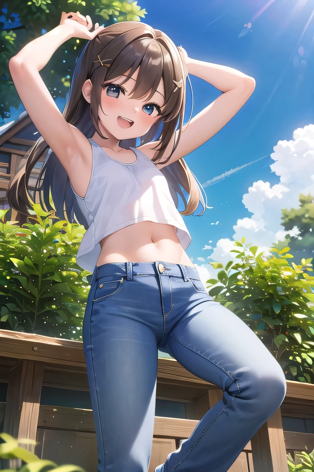 ((best quality)), ((masterpiece)), ((detailed)), (((perfect face))), (((slender 18yo age girl))), (((((tight sleeveless white shirt))))), ((((skin-tight shirt)))), (((midriff))), (((bare arms))), (((bare shoulders))), ((((cut off denim shorts)))), ((dark brown hair)), ((short ponytail)), (((blue eyes))), ((smiling)), (((standing))), ((((suburban backyard, night time)))), ((((detailed background)))), (((slender thighs))), (((looking back over shoulder))), (((view from below)))